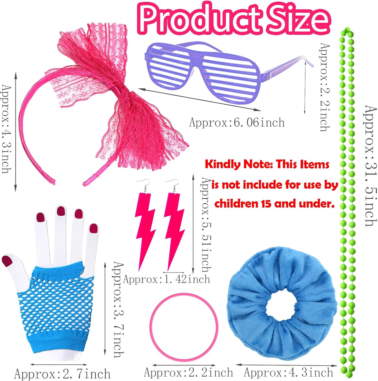 YAROMO 80s Costume Accessories Set, 80s 90s Birthday Party Gift Lace Headband Earring Necklace Fishnet Gloves Bracelet Neon Hair Scrunchies for Halloween Women Neon Outfit Party