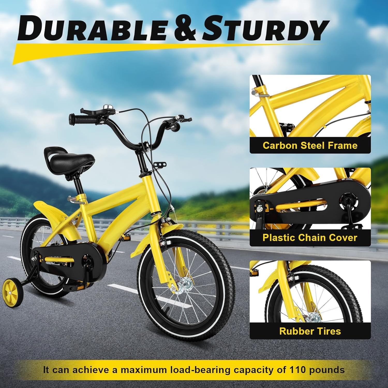 KJNHhugH 14 Inch Children's Bicycle, Seat Armrest Height Adjustable Kids Bicycle Children Learning Bicycle with Safety Assist Wheels Toddler Bike for 3-6 Years Old Toddler (Yellow)