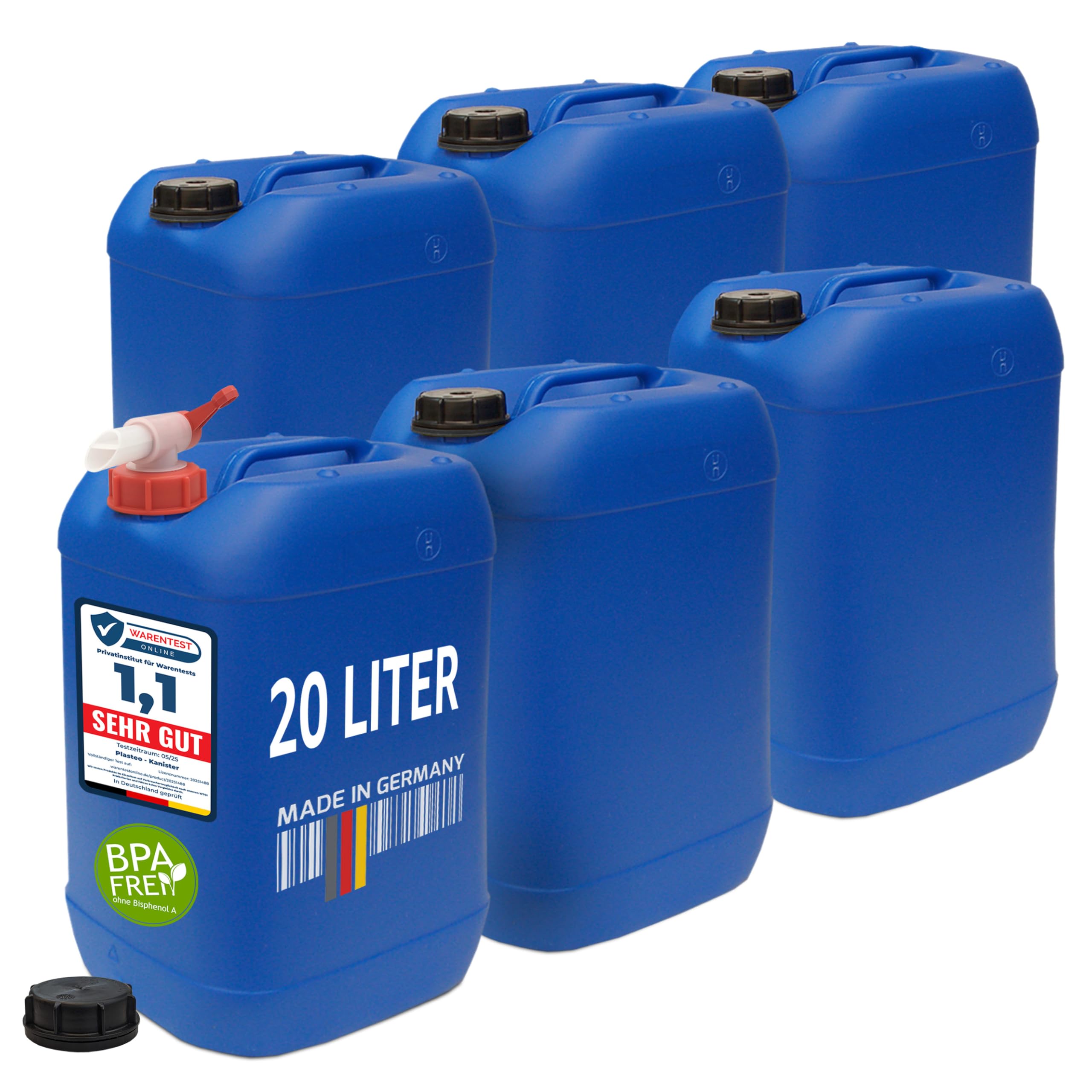 plasteo 20 Liter Getränke Wasserkanister mit 1 Hahn und Schraubdeckel (DIN 61), Blau