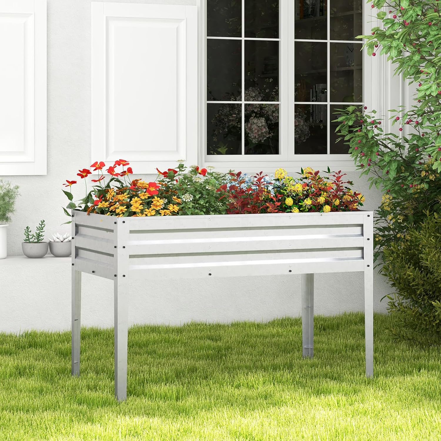 HAPPYGRILL Raised Garden Bed, Galvanized Garden Box with Legs, Drainage Holes, 2 Gloves, Outdoor Planter Box for Garden, Backyard & Patio, 46”x 24” x 32”, Sliver
