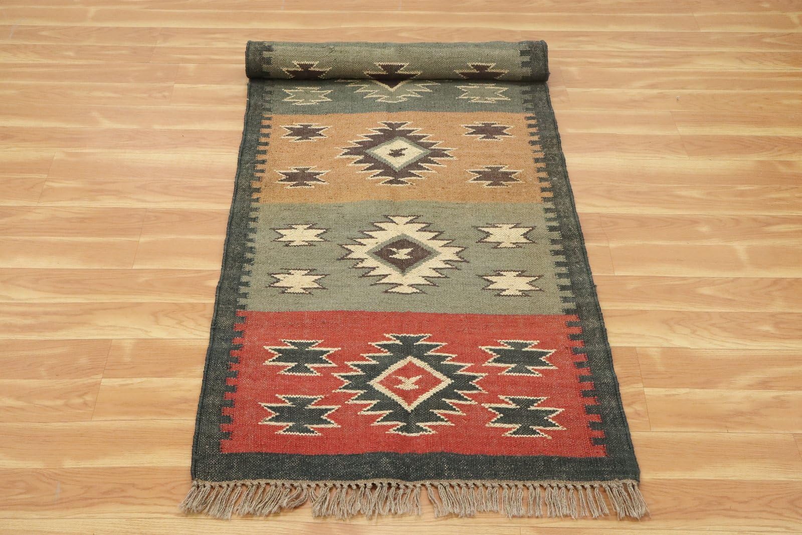 Läufer – Teppich Kelim, wendbar, Wolle, Jute, Südwestern, handgewebt, für drinnen und draußen, Flachgewebe-Teppich für Zuhause und Foyer, Flur, Treppenläufer