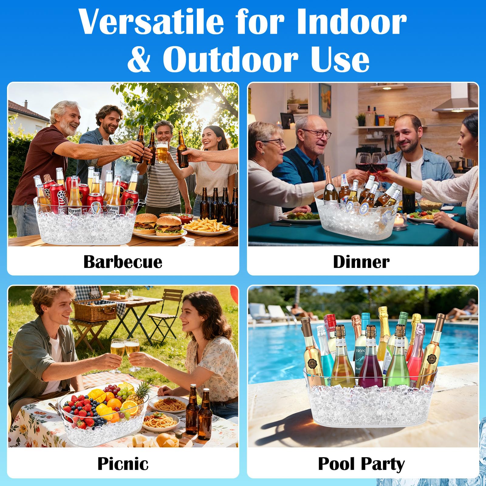 Eiskübel für Partys, 4 Packungen, 15 l großer Eiskübel mit 4 Schaufeln, transparenter Acryl-Kunststoffwanne für Zuhause, Büro, Kühlschrank, Zubehör für Champagner, Bier, Cocktail auf Mimose, Bar
