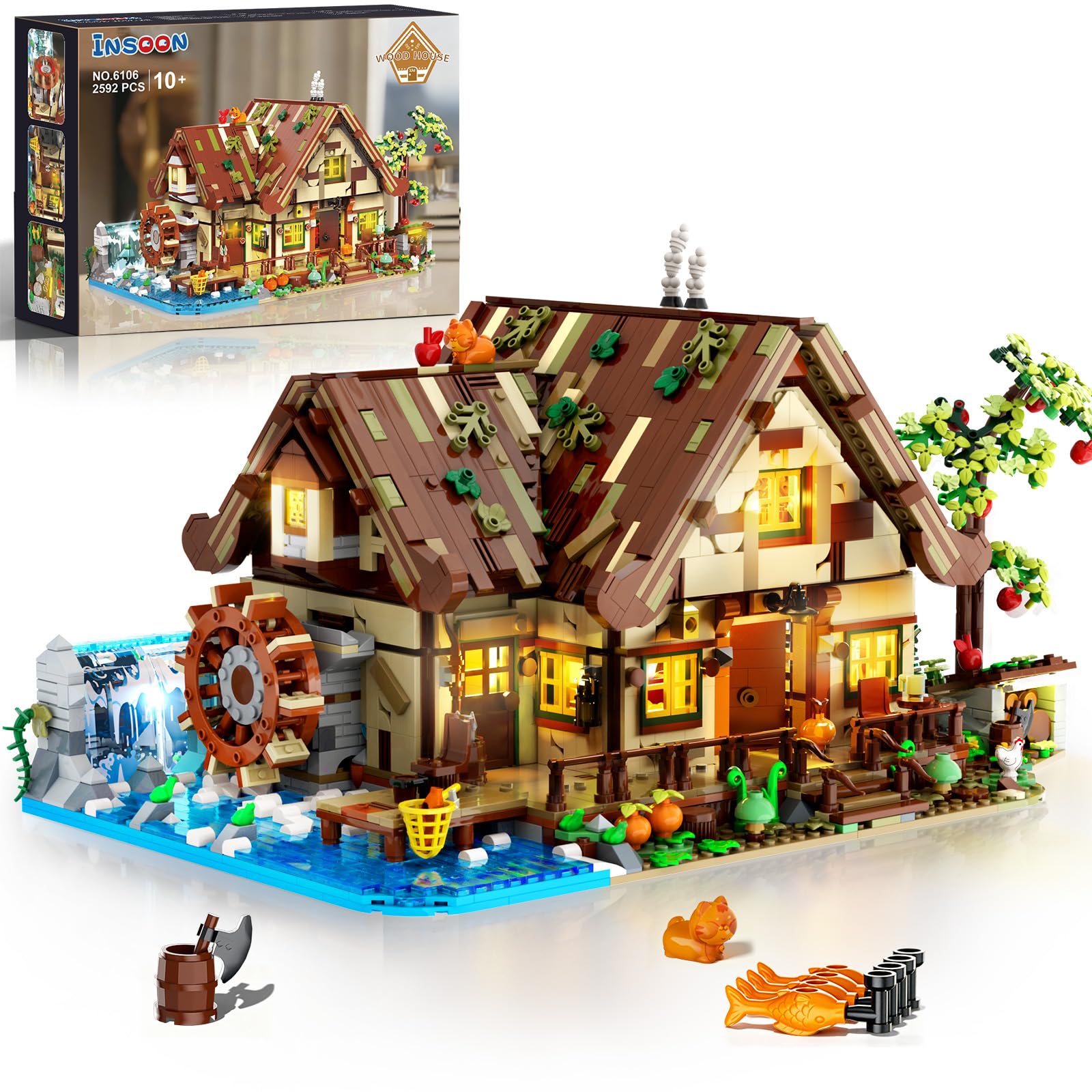 INSOON Jeu de Construction Maison en Bois avec lumières Adultes | Mini briques de construction, chalet forestier avec animaux, modèle décoratif pour maison et bureau, cadeau femmes hommes