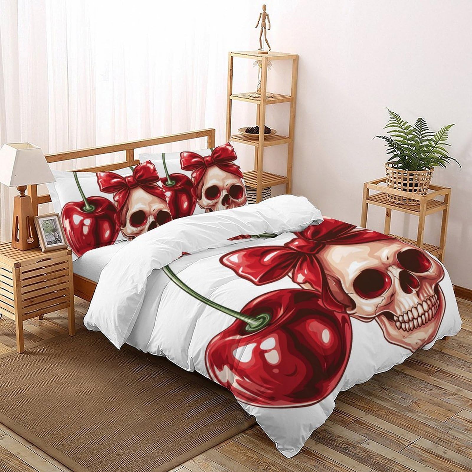 Housses de couette 3D enfants Red Cherry Skull 3 pièces taies d'oreiller lit double 200x200