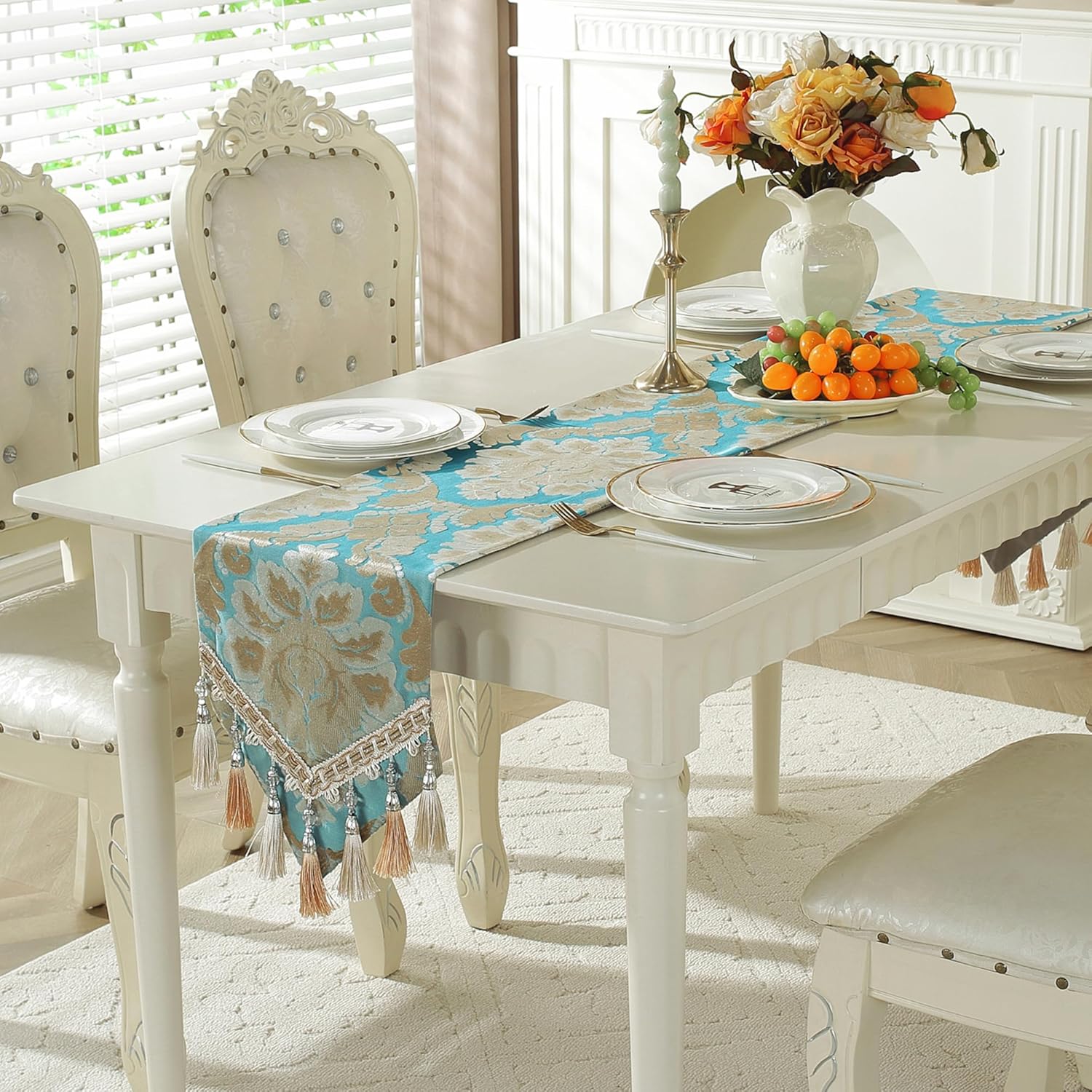 Blue Table Runner Floral Jacquard Bedside Table Runner with Multi-Tassels for Living Room Kitchen Festive