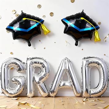 Graduation Balloons, Congrats Grad Cap Foil Mylar Balloon Graduation Party Decorations 40 Inch Silver Grad Letters Balloons for High School College Class of 2026 Congratulations Graduate Party Decor