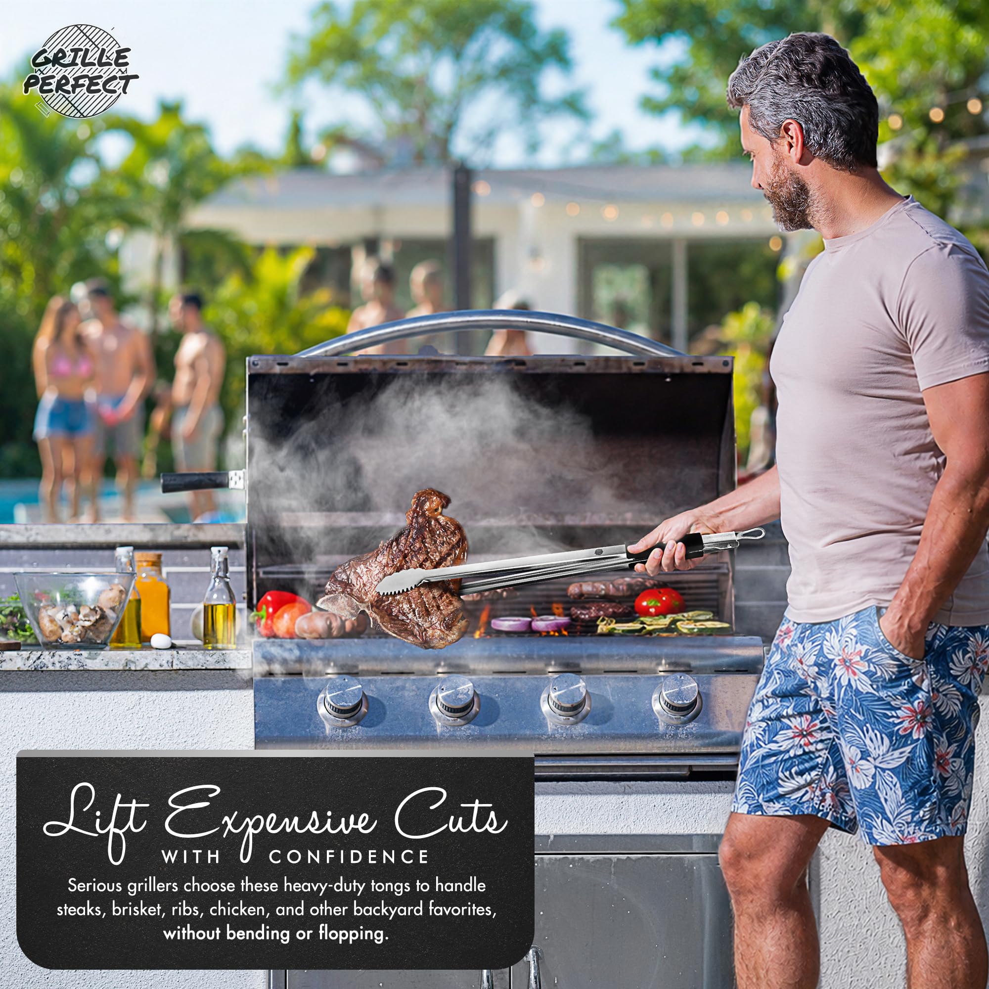 Super lange (61 cm) Edelstahlzange zum Grillen - robustes Metall-Grillbesteck, Gas- und Holzkohlegrill, Chelf Küche Essen Servieren Grillwerkzeuge Silikongriff Fleisch Greifen & Braten