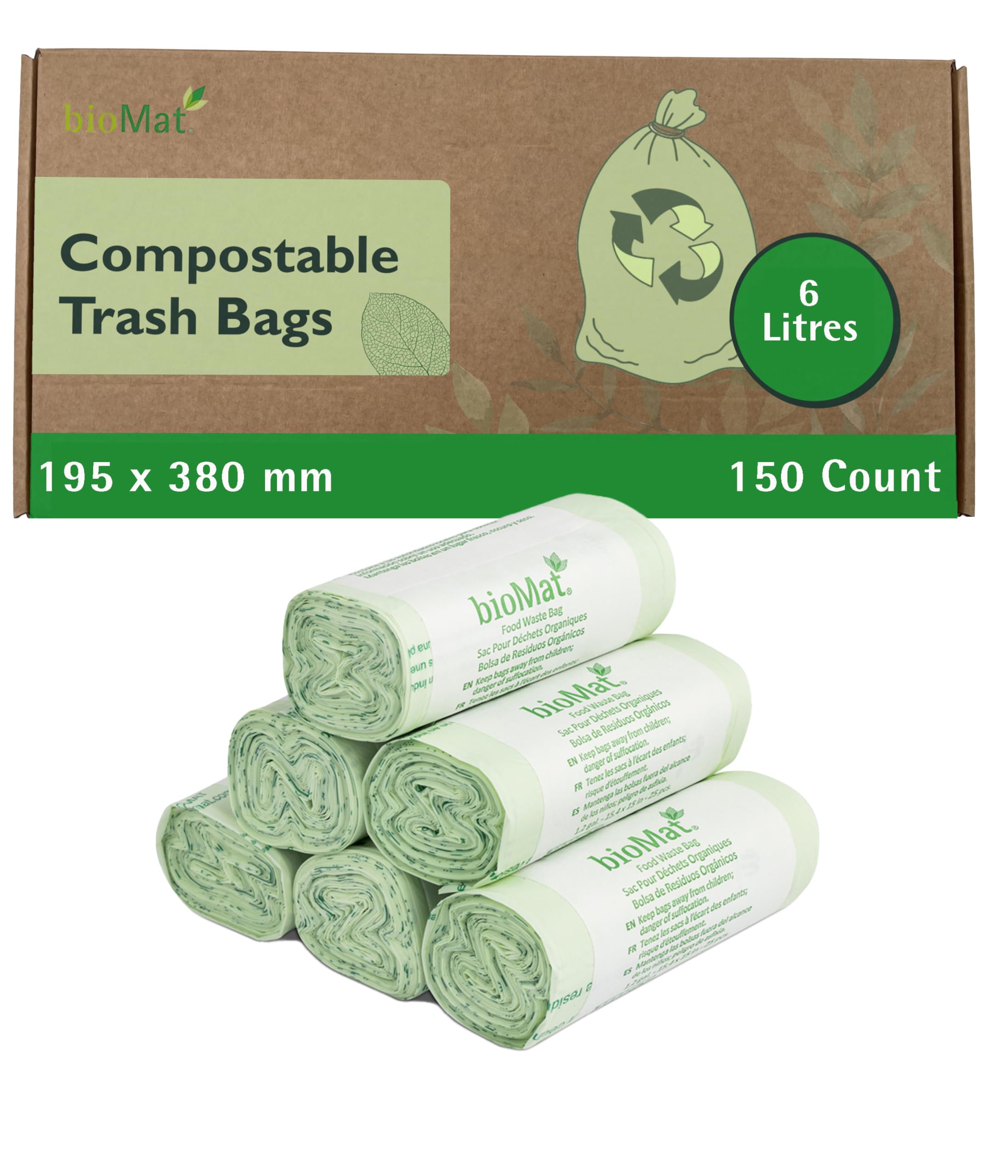 bioMat Compostable 6 Litres Kitchen Caddy Liners, 150 Refuse Sacks, EN 13432 Certified Compostable Waste Bags, for Organic Waste, Food Waste
