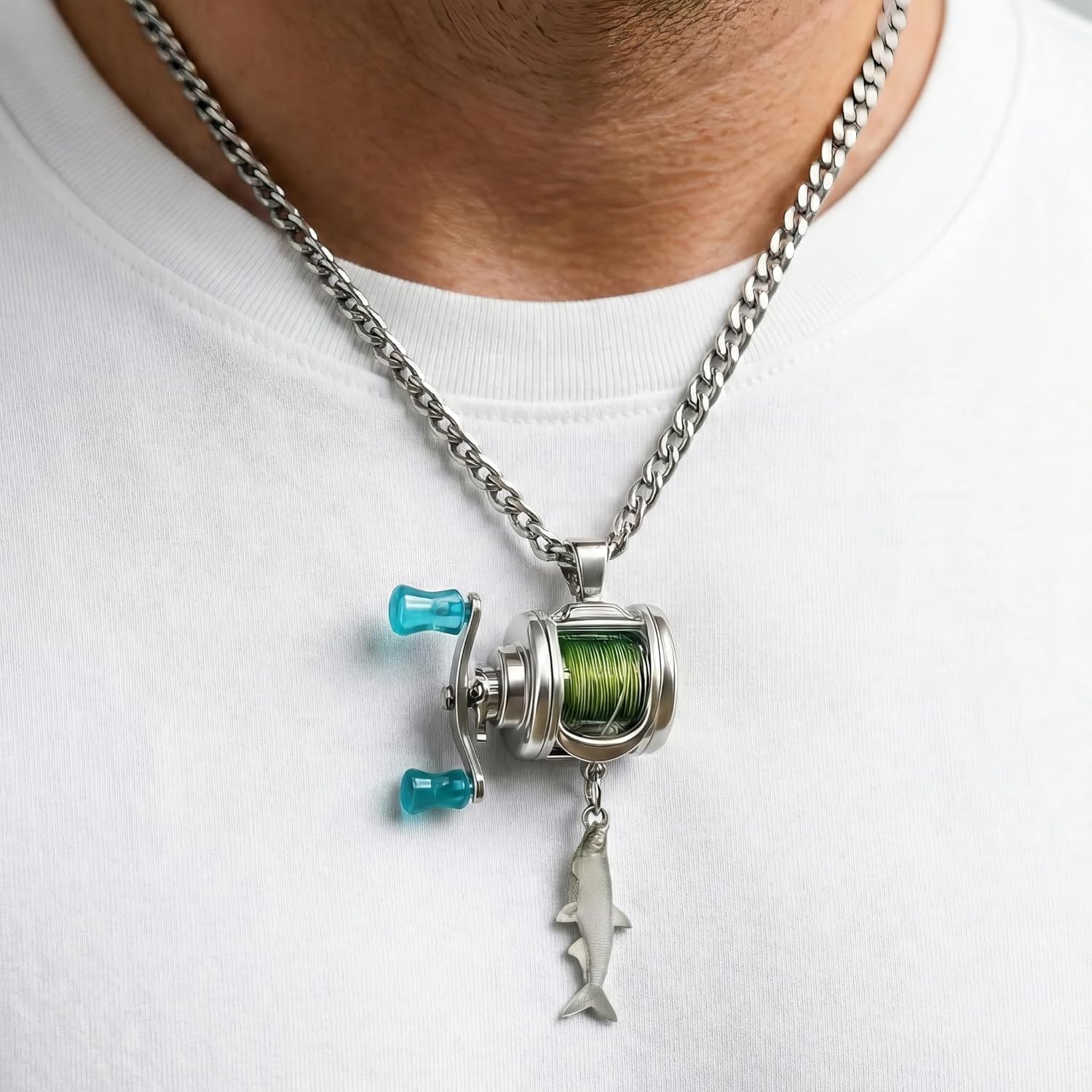 Functional Mini Fishing Reel Necklace for Men – Interactive Stainless Steel Pendant with Real Adjustable Line & Fish Charm – Convertible Ring Jewelry, Unique Fidget Gift for Anglers, Dad, Fisherman