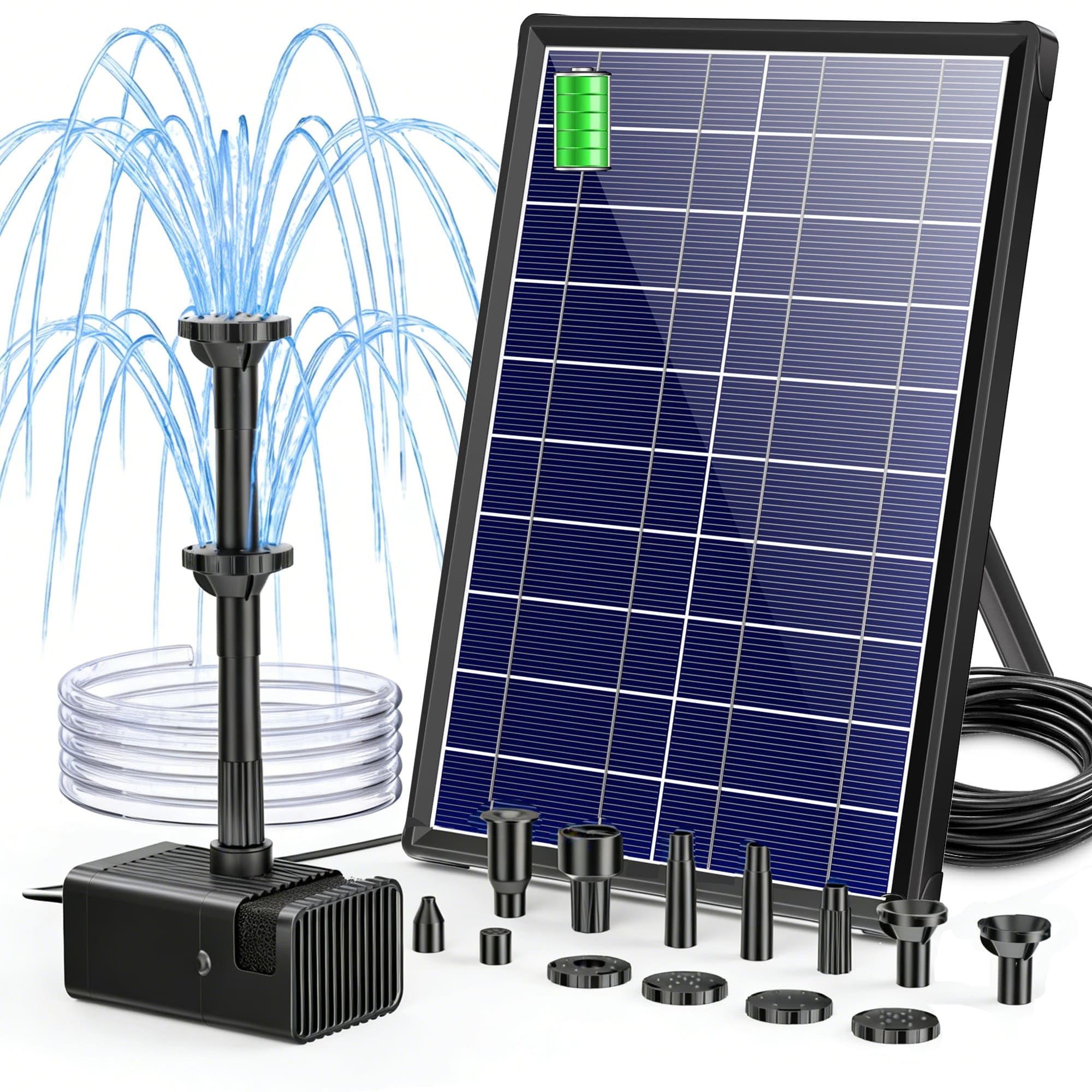 Biling Bomba solar para estanque con batería, 8 W, 300 l/h, silenciosa, con 8 boquillas, fuente solar exterior con manguera de arroyo para estanques de jardín, ventilación de hasta 500 l, DIY Mini
