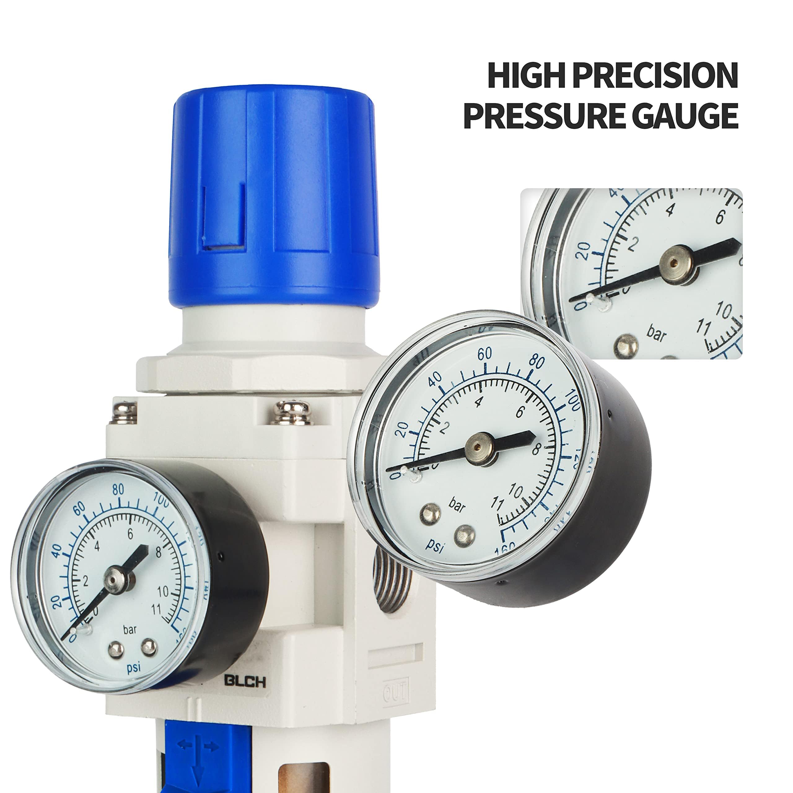 BLCH 3/8" BSP Drucklufttrockner - Druckregler und Kompressorfilter AW3000-03 mit halbautomatischem Wasserablass, Polycarbonat-Behälter, Manometer (0-160 PSI) und 5μm Messingfilter.