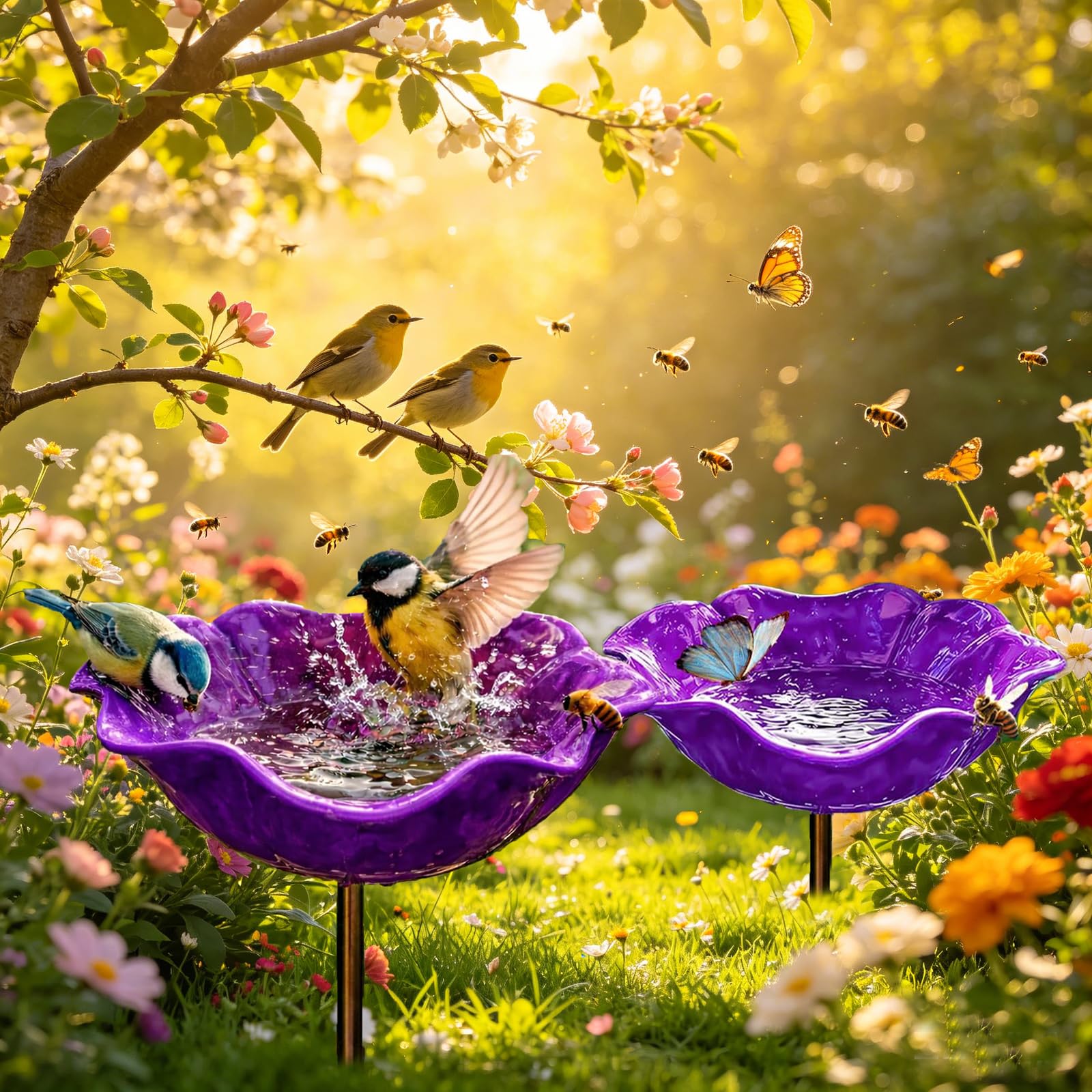 Set of 2 Purple Flower Metal Bird Feeders, 60cm Tall Handcrafted Bird Bath Stake, Weatherproof Outdoor Garden Decor, Decorative Floral Bird Waterer for Yard & Patio Borders