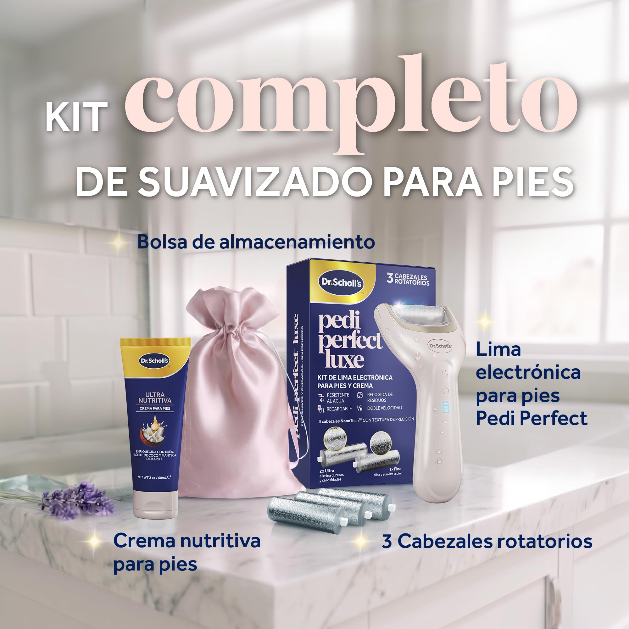 Dr. Scholl's Pedi Perfect Luxe - Lima Eléctrica para Pies con Crema Nutritiva, Kit Pedicura, Elimina Durezas, Pies Suaves, Impermeable, Recargable 90 Minutos, Incluye x3 Cabezales