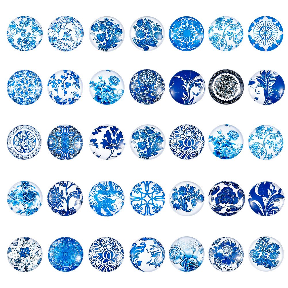Ph Pandahall Blue & White Flower Pandahall About 50Pcs/Box Printed Half Round Flat Back Glass Cabochons 1 Inch (25Mm) For Jewelry Making