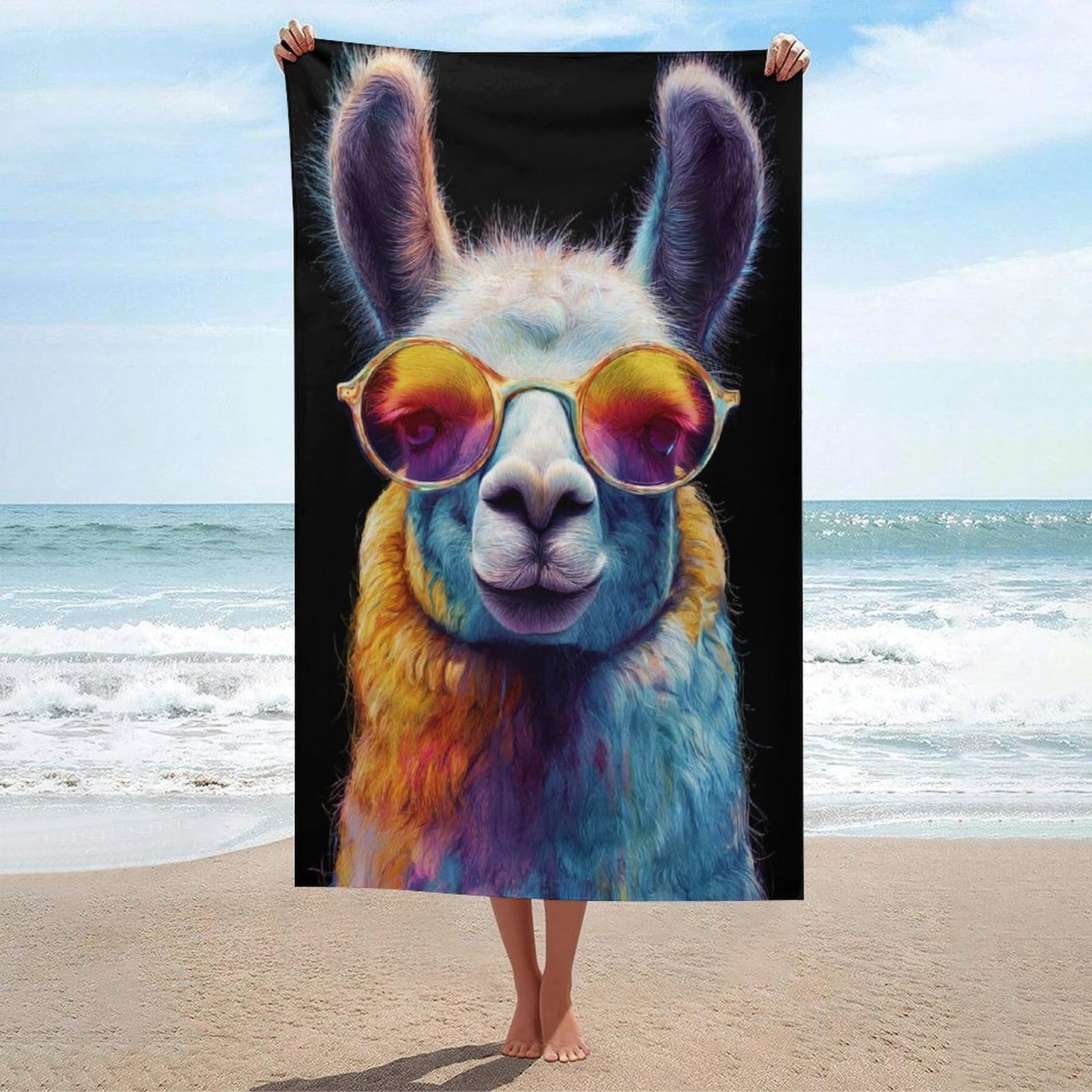 asbwuo Cute Llama Wearing Rainbow Glasses Funny Beach Towel