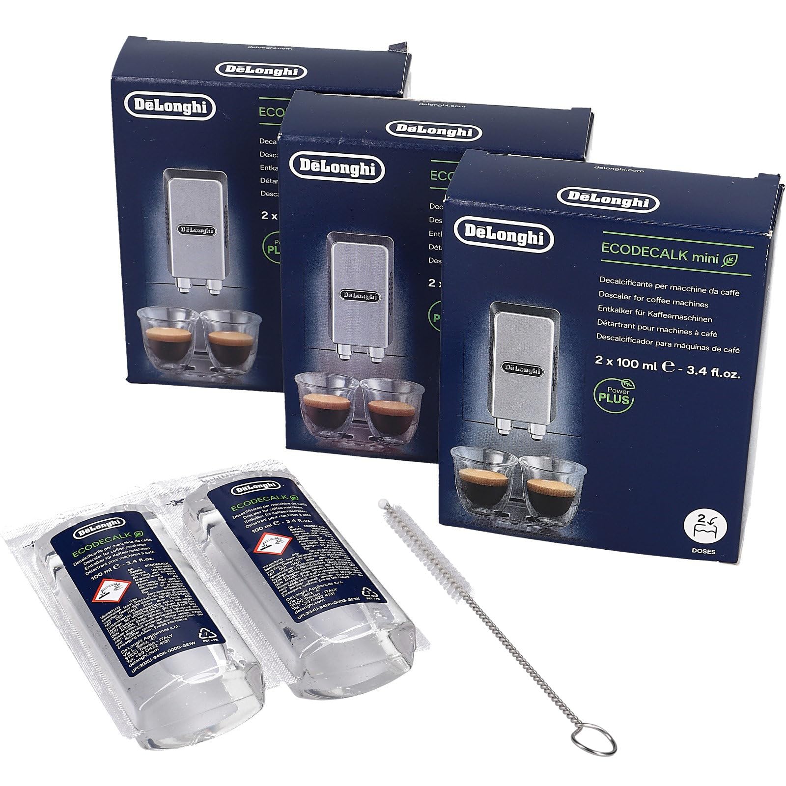 3x Descalcificador DeLonghi Eco Decalk Mini 6x100ml en set con cepillo de limpieza LUTH Premium Profi Parts para máquina de café 5513292821 DLSC200