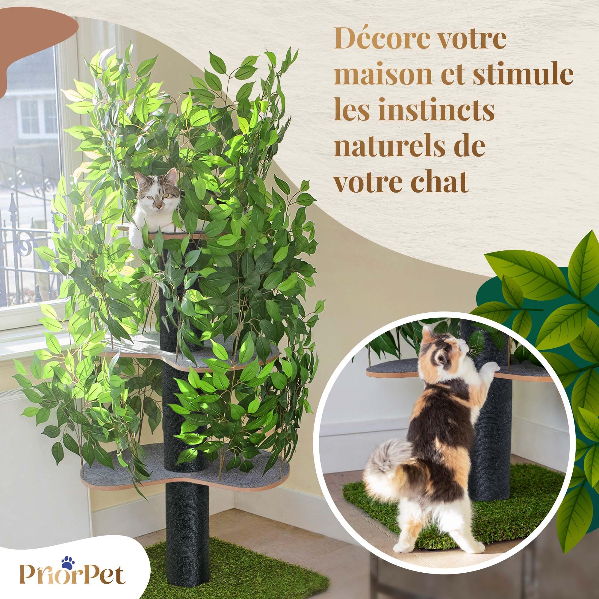 Arbre à Chat pour Grimper, se Cacher et Dormir - Griffoir Breveté à Feuilles interchangeables, Plusieurs Niveaux, Montage Facile - Matériaux sans Danger pour Les Animaux, très Solide