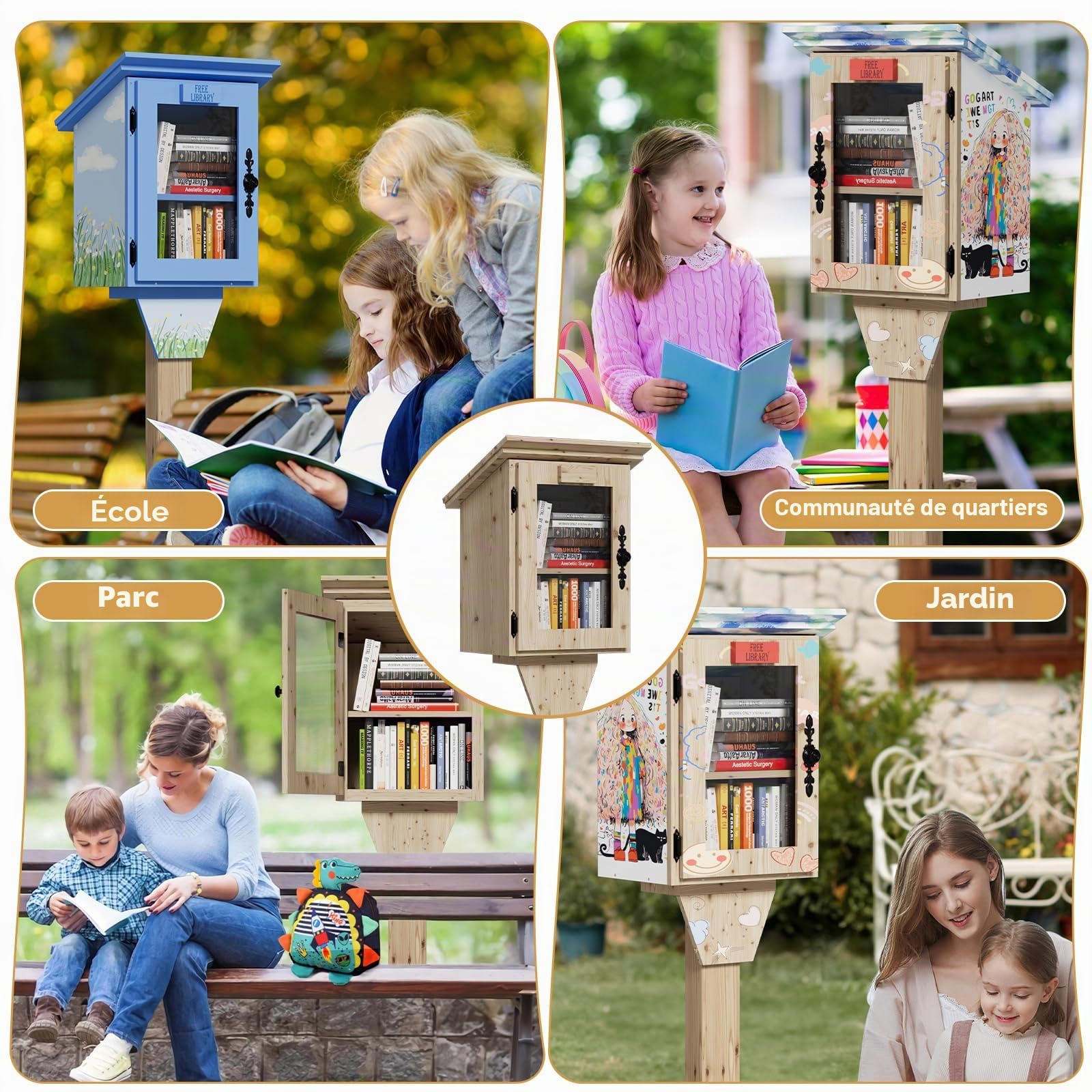 MSFE Bibliothèque Rangement Bois, Little Free Étagère à Livres en Forme de Maison, Double Petite Boîte à Bibliothèque étanche d'extérieur avec étagère, Kit de Bricolage pour Partager des Livres