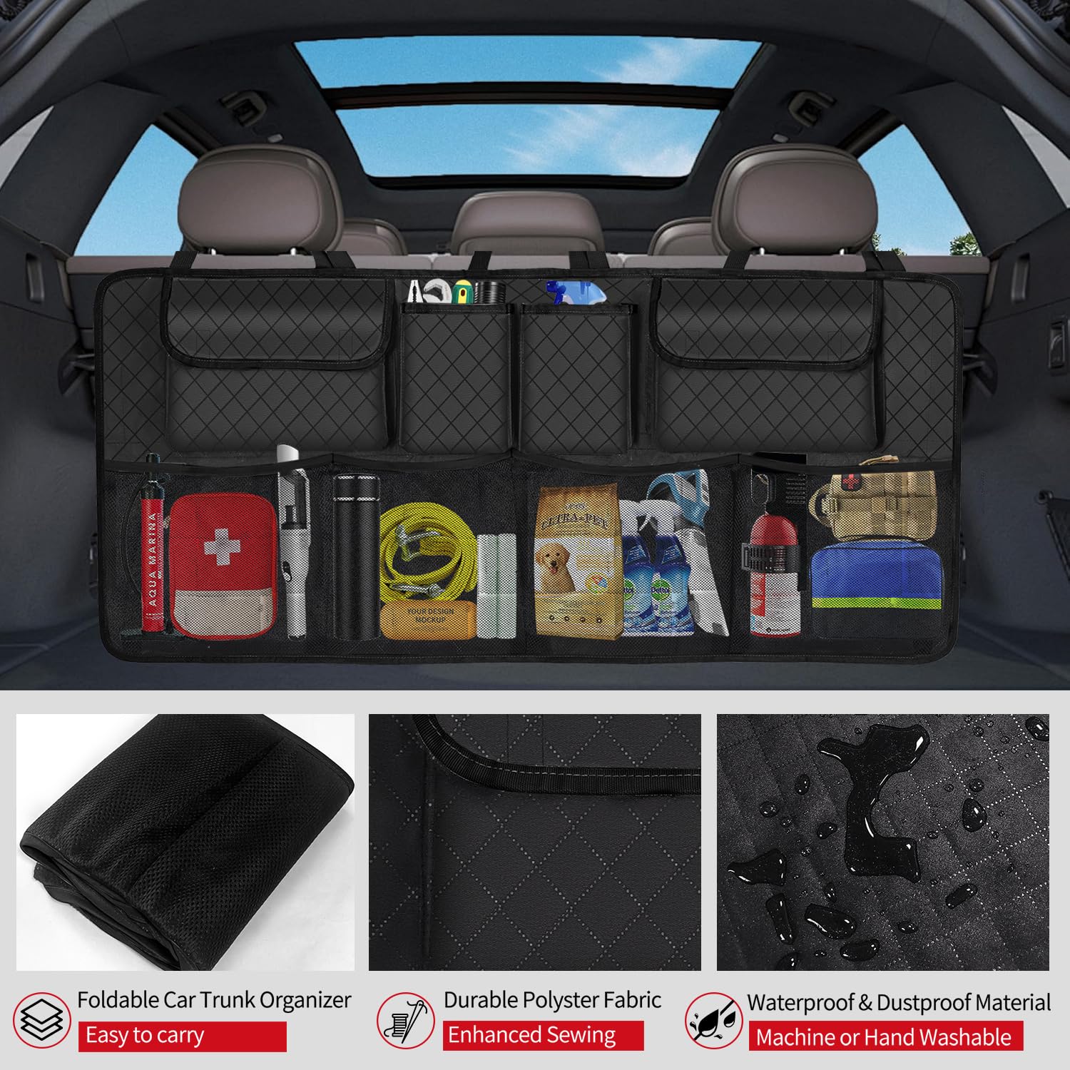 Car Trunk Organizer and Storage, Large Capacity Backseat Hanging Storage Accessories, Backseat Car Organizer for SUV/MPV/Truck (Black)
