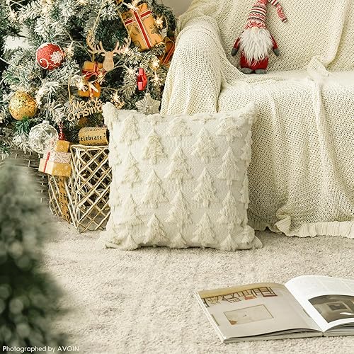 Miniatura 2 de AVOIN colorlife Juego de 2 fundas de almohada beige con árbol de Navidad, 18 x 18 pulgadas, felpa suave, piel sintética, jacquard, festivales,