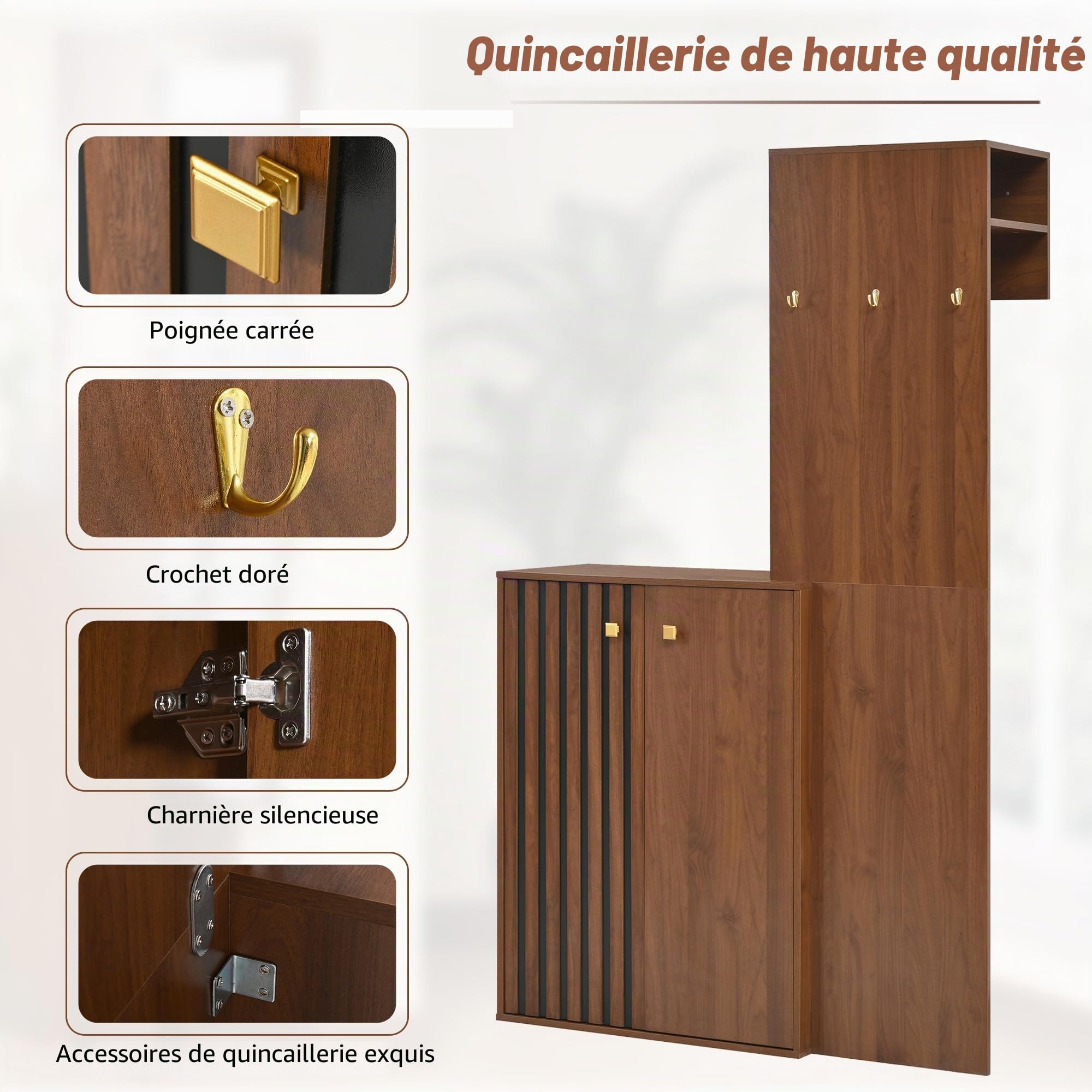 Vestiaire d’Entrée avec Penderie et Rangement Chaussures – Garde-Robe Compacte 115 cm – Meuble Entrée avec Porte-Manteau, Étagères Réglables, Crochets – Noyer