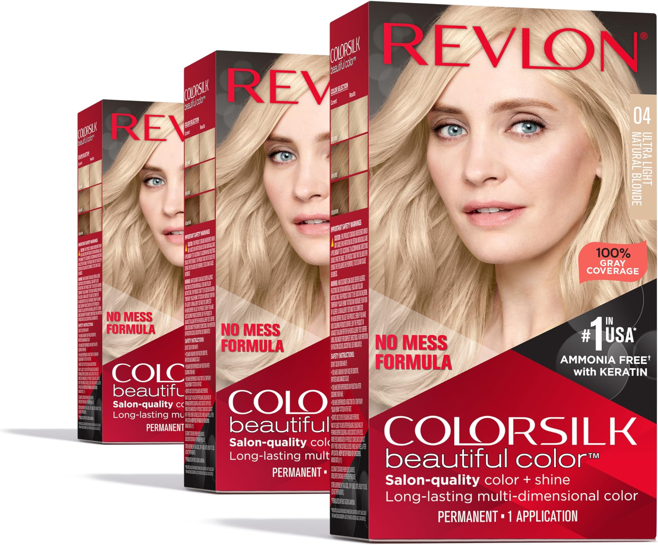 Permanent Hair Color by Revlon, Permanent Blonde Hair Dye, Colorsilk with 100% Gray Coverage, Ammonia-Free, Keratin and Amino Acids, Blonde Shades (Pack of 3)