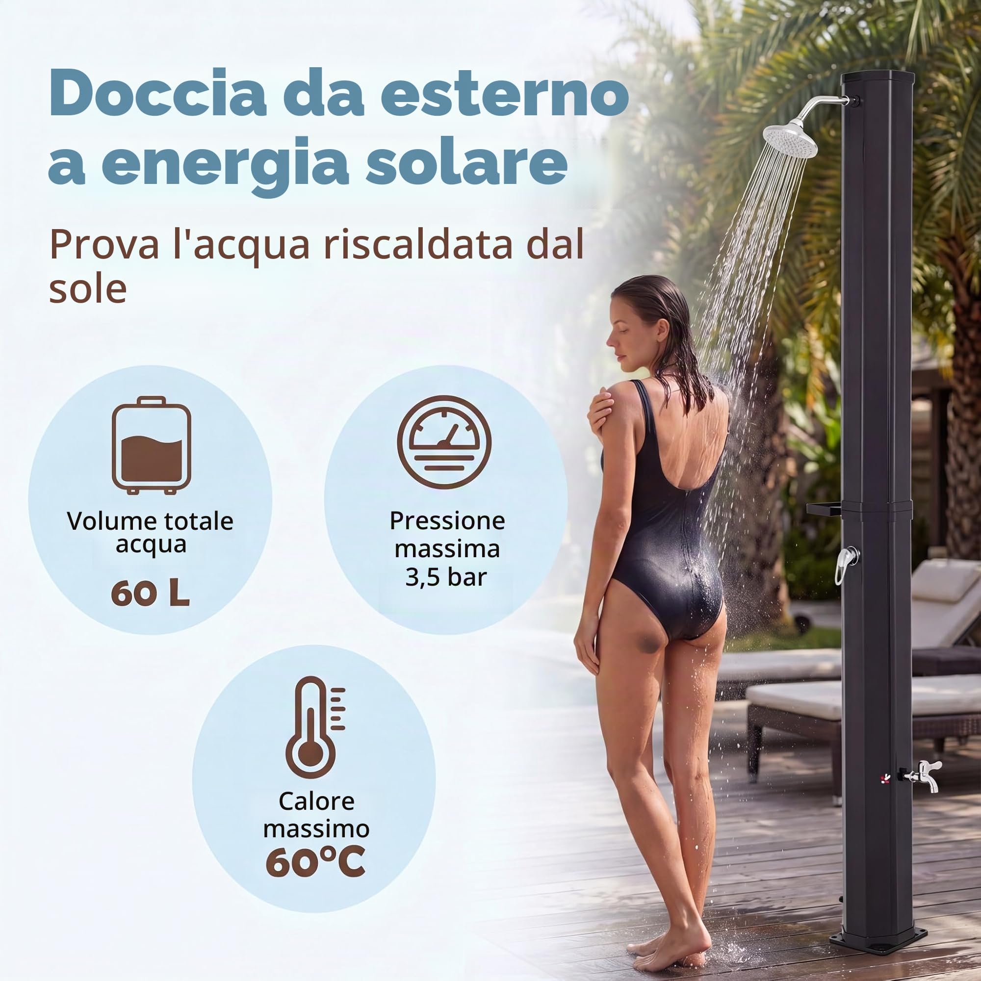 HOMASIS Doccia Solare da Giardino, 60L, 60°C, con Soffione Girevole, Rubinetto Lavapiedi, Miscelatore Acqua Calda e Fredda, Portasapone e Coperta Protettiva, per Esterno, Campeggio e Piscina (Nero)