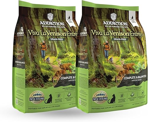 Addiction Viva Venison - Alimento seco para gatos sin granos, receta con alto contenido de proteínas, hecha en Nueva Zelanda, 4 libras, 2 paquetes