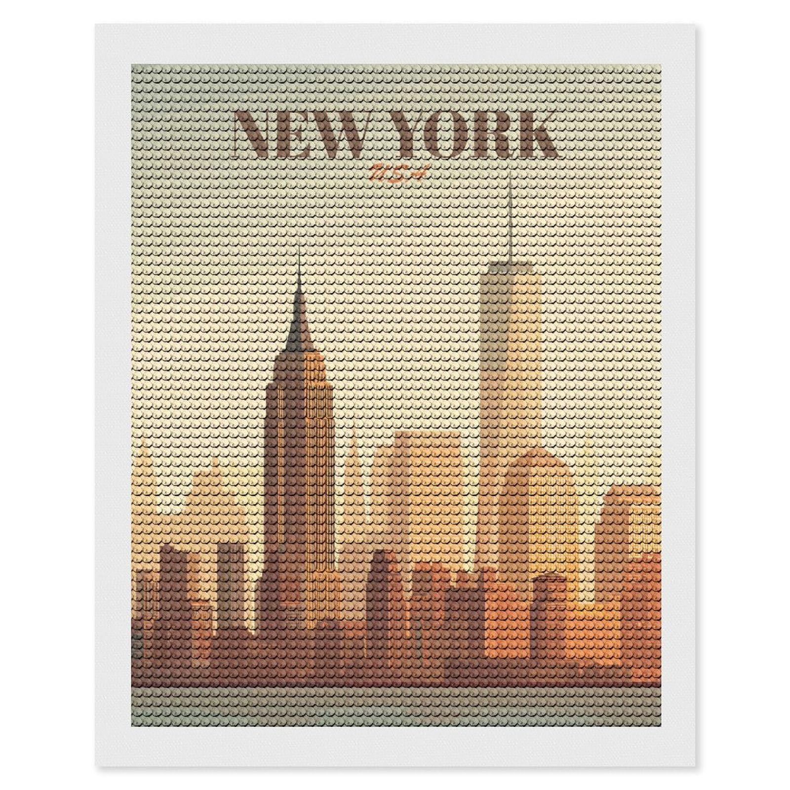Junmoney New York City Skyline Vintage Diamond Painting Set 16"x20", Modern Decor, for Beginners, Printed Canvas, Thoughtful Handmade Gift, with Tool Kit