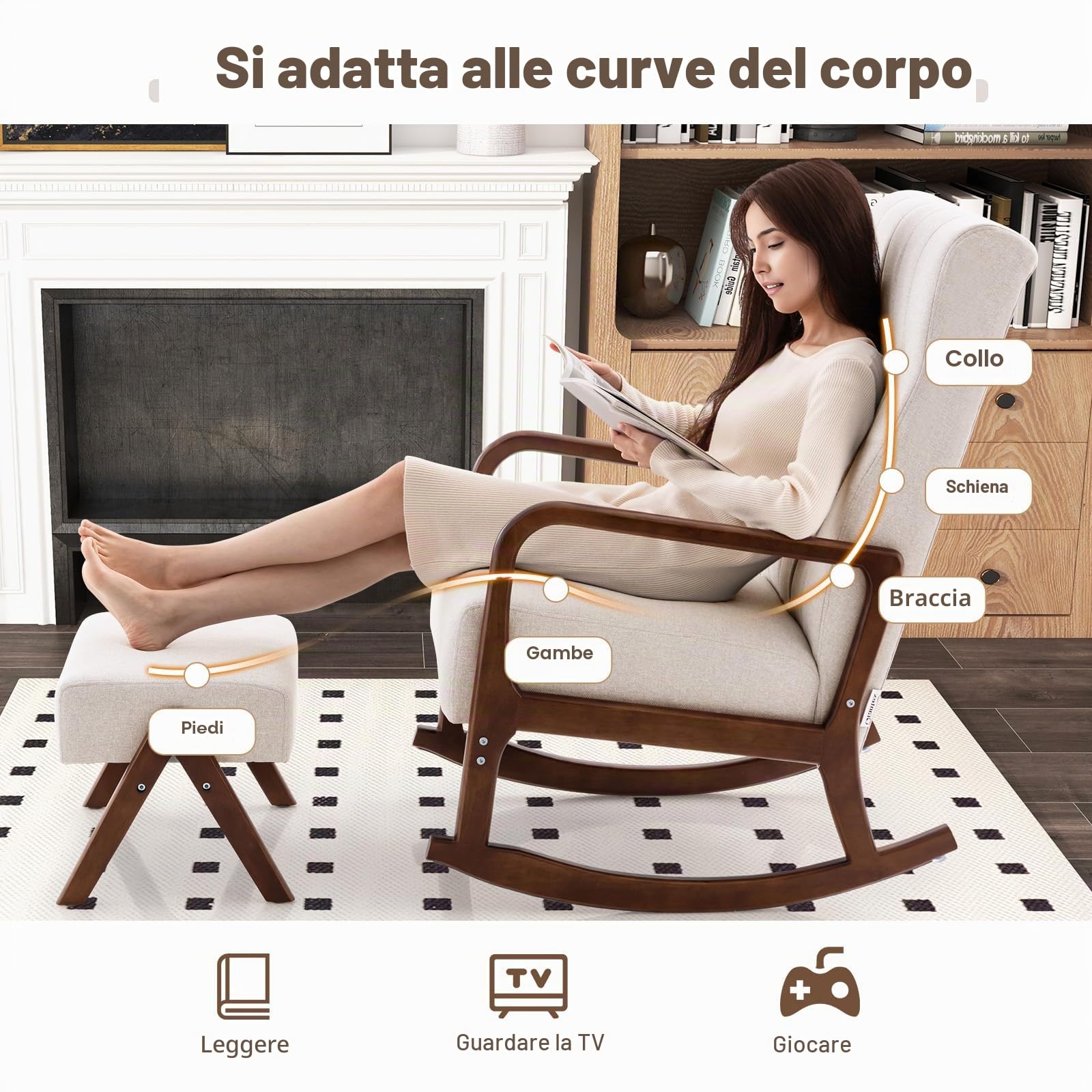 HOMASIS Sedia a Dondolo con Poggiapiedi, Set da Poltrona a Dondolo con Braccioli e Struttura in Legno Massello, Sedia Allattamento per Camera da Letto, Salotto, Fino a 150 kg, 97x65x104cm (Beige)