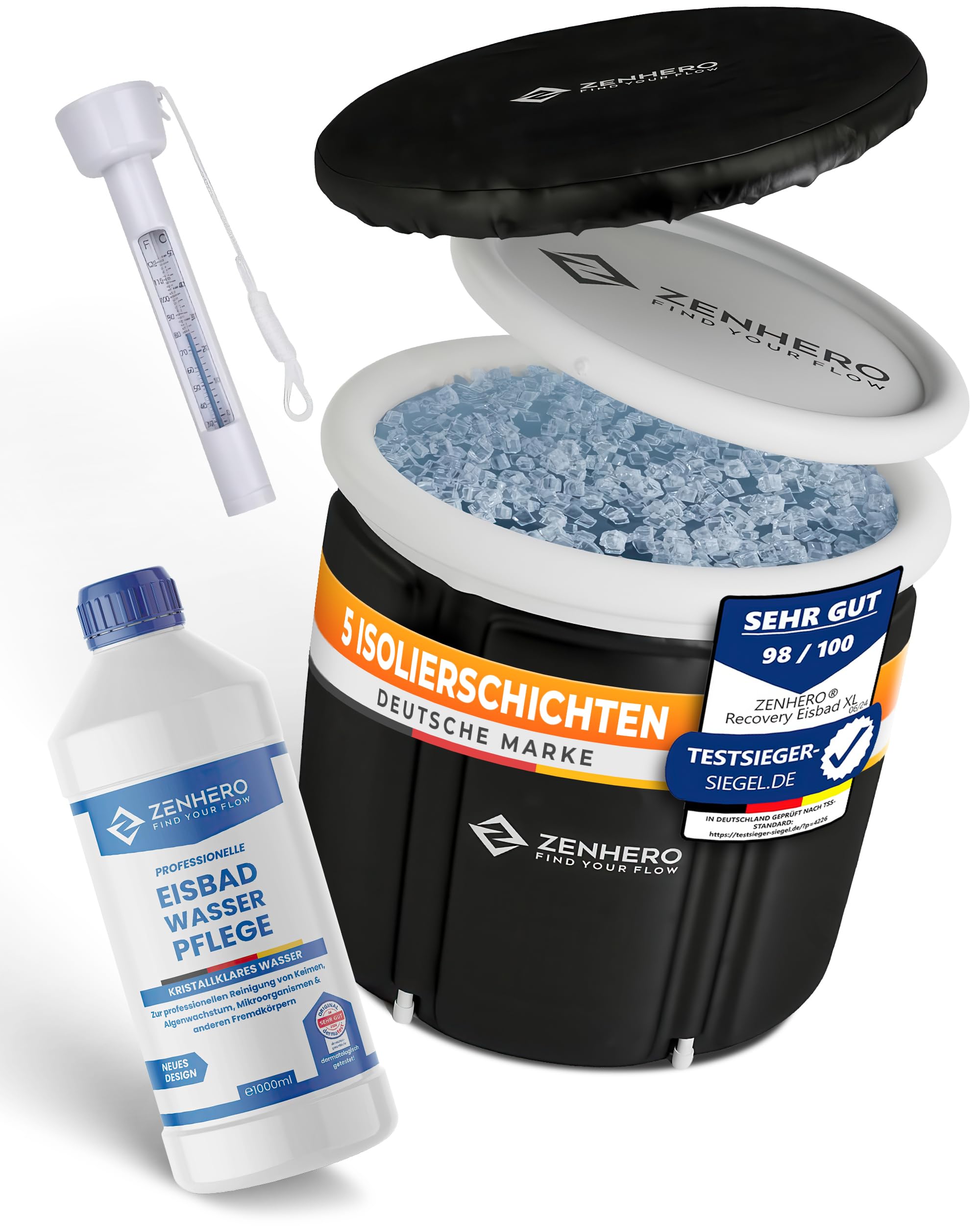 Zenhero Recovery - Kit de baño de hielo (85 cm de diámetro), máximo confort y mucho espacio, con termómetro y 2 cuidados de agua, terapia de frío para el hogar – Tonel de hielo con 5 capas aislantes