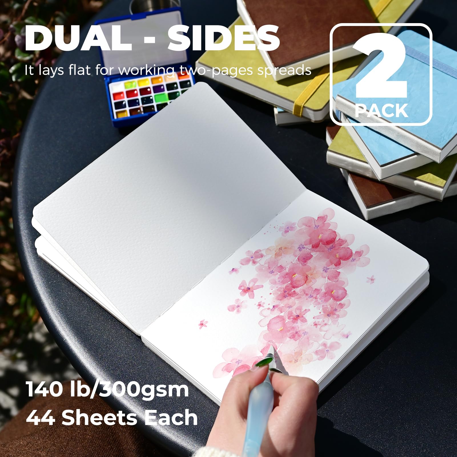 Funto Watercolor Journal, 7.5x5, 2 Packs, 44 Pages Each, Cold-Pressed 100% Cotton, Pearlescent PU Leather Brown Cover, Art Supplies for Mixed Media