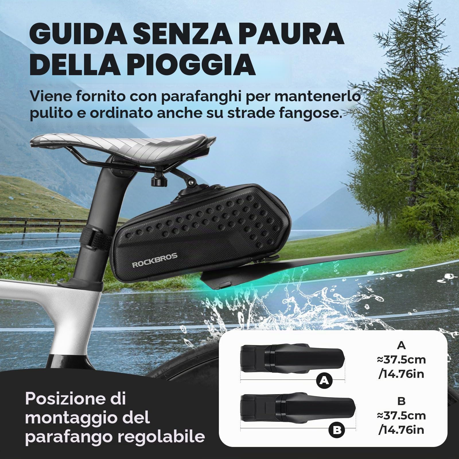 ROCKBROS Borsa Bici Sella Borse Sottosella Posteriore Bicicletta MTB Strada Grande Capacità 1.3L Rigido con Parafango Striscia Riflettente Accessori per Ciclismo, Nero