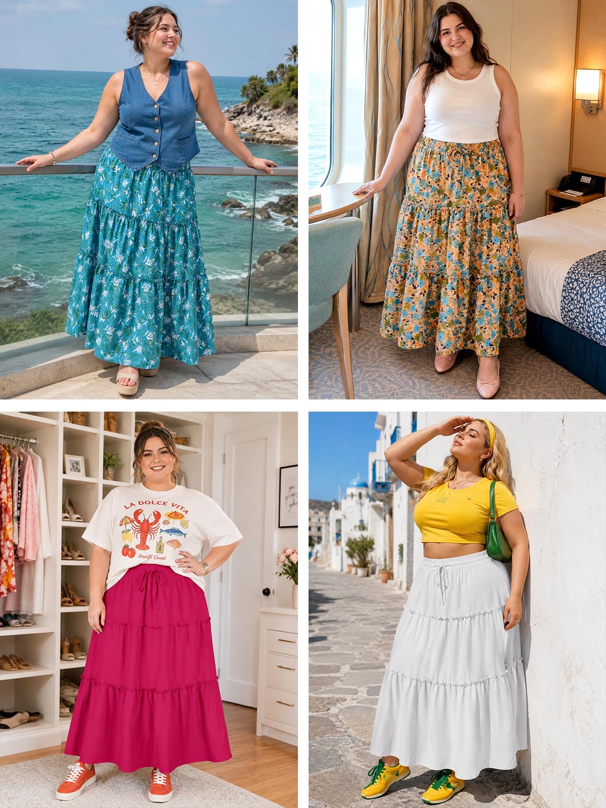 Moon Wood Jupe Longue Femme Ete Elastique Taille Haute Jupe Plissée avec Poches A-Ligne Maxi Skirt de Plage Grande Taille