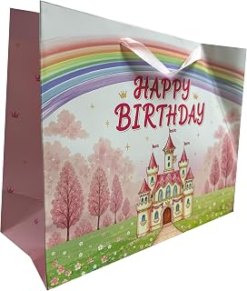 Qirrmiy 13'' Large Happy Birthday Gift Bag Set with Handles, Greeting Card, Tissue Paper and Stickers for Women Girls, Birthday Design, 1 Pcs