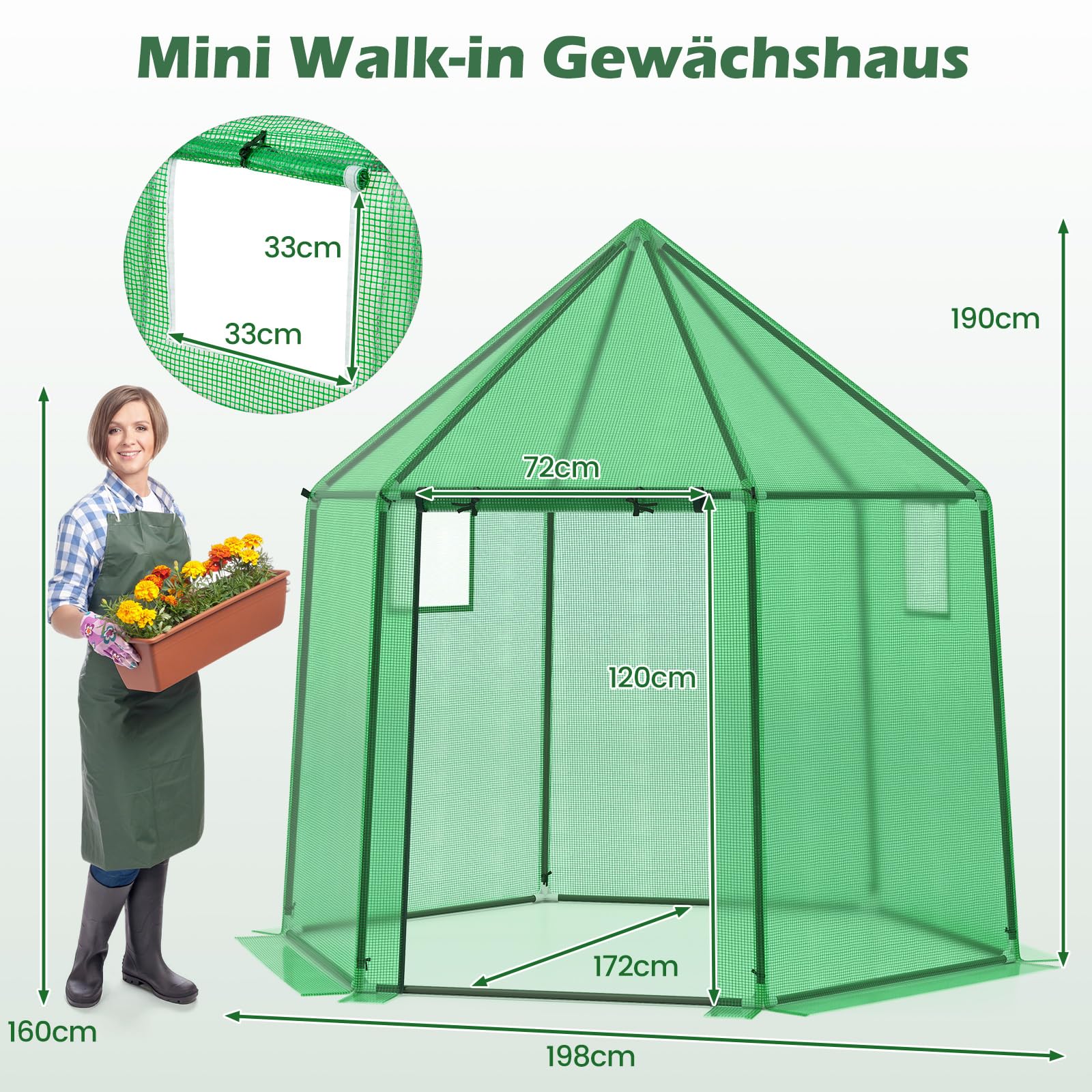 COSTWAY Gewächshaus, Treibhaus mit Allwetter-PE-Abdeckung, Rolltür und Fenster, Foliengewächshaus Tomatengewächshaus Tomatenhaus, Pflanzenhaus für Tomaten & Topfpflanzen, 198 x 172 x 190 cm, Grün