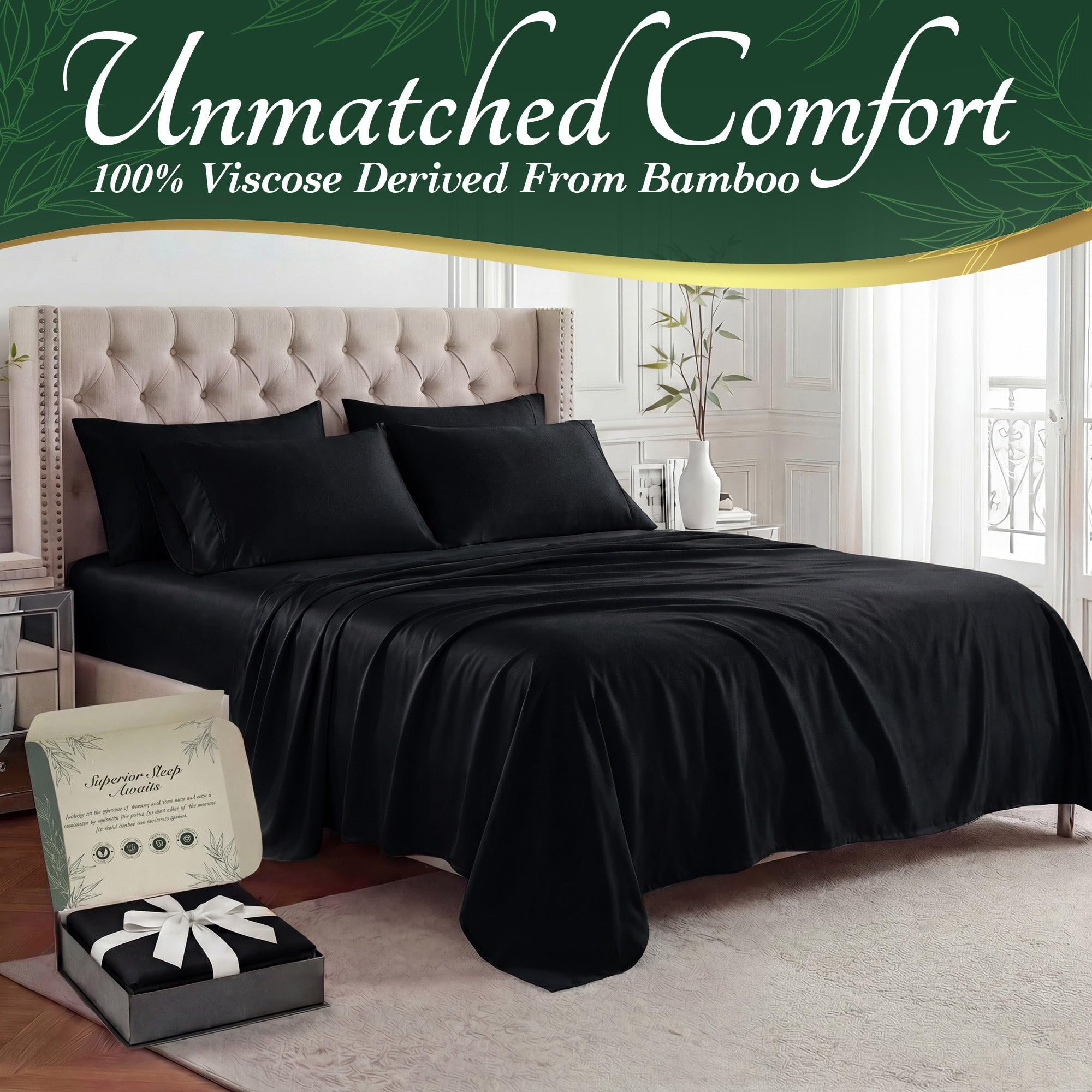 DECOLURE 100% Organic Viscose Derived from Bamboo Sheets Cal King Size 6pcs - Ultra Soft & Luxuriously Cooling, 17" Deep Pocket, Double Stitching, Perfect for Hot Sleepers - King Bed Sheets (Black) - 3