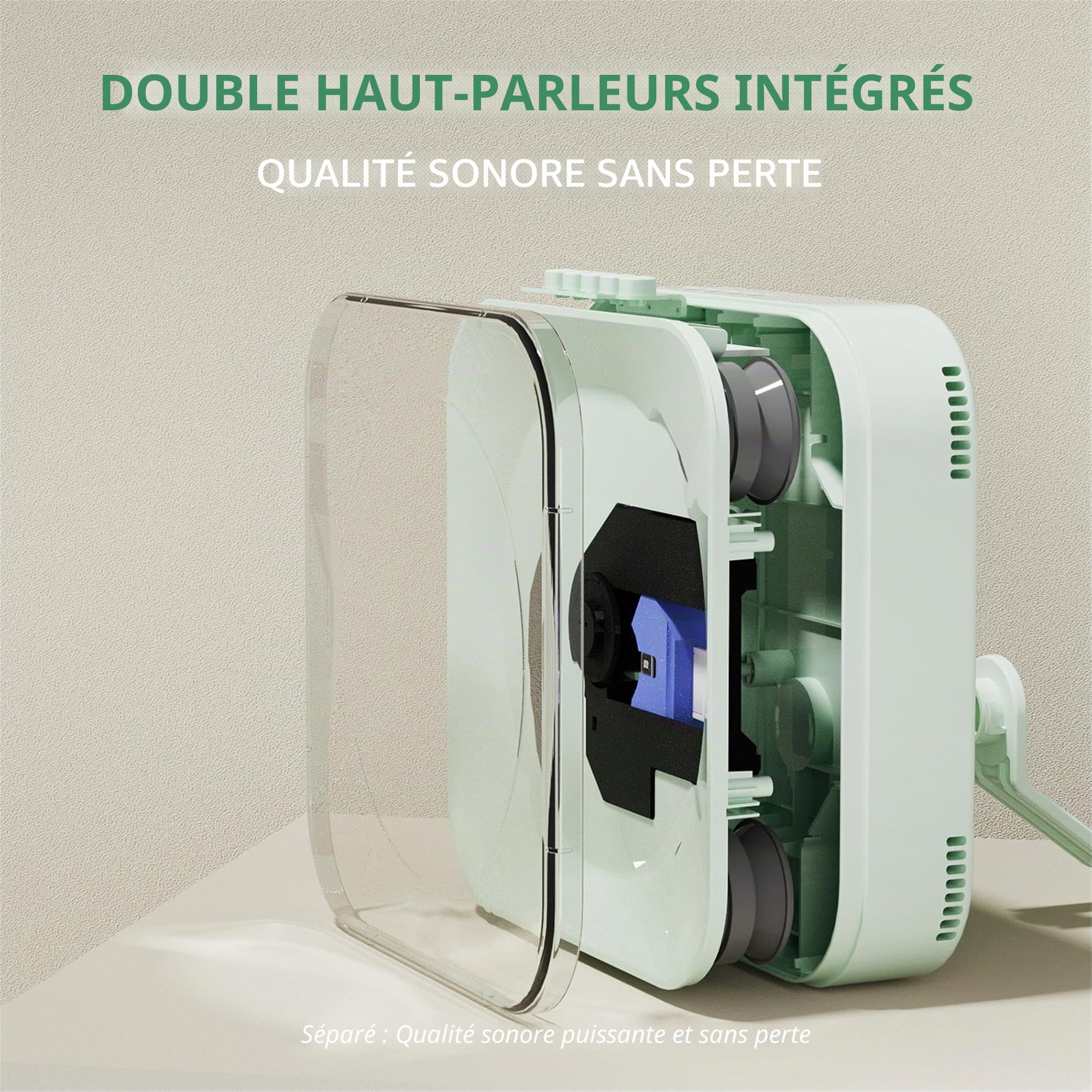 Lecteur CD avec couvercle transparent, Bluetooth, USB, haute fidélité, double haut-parleurs, batterie 2000 mAh