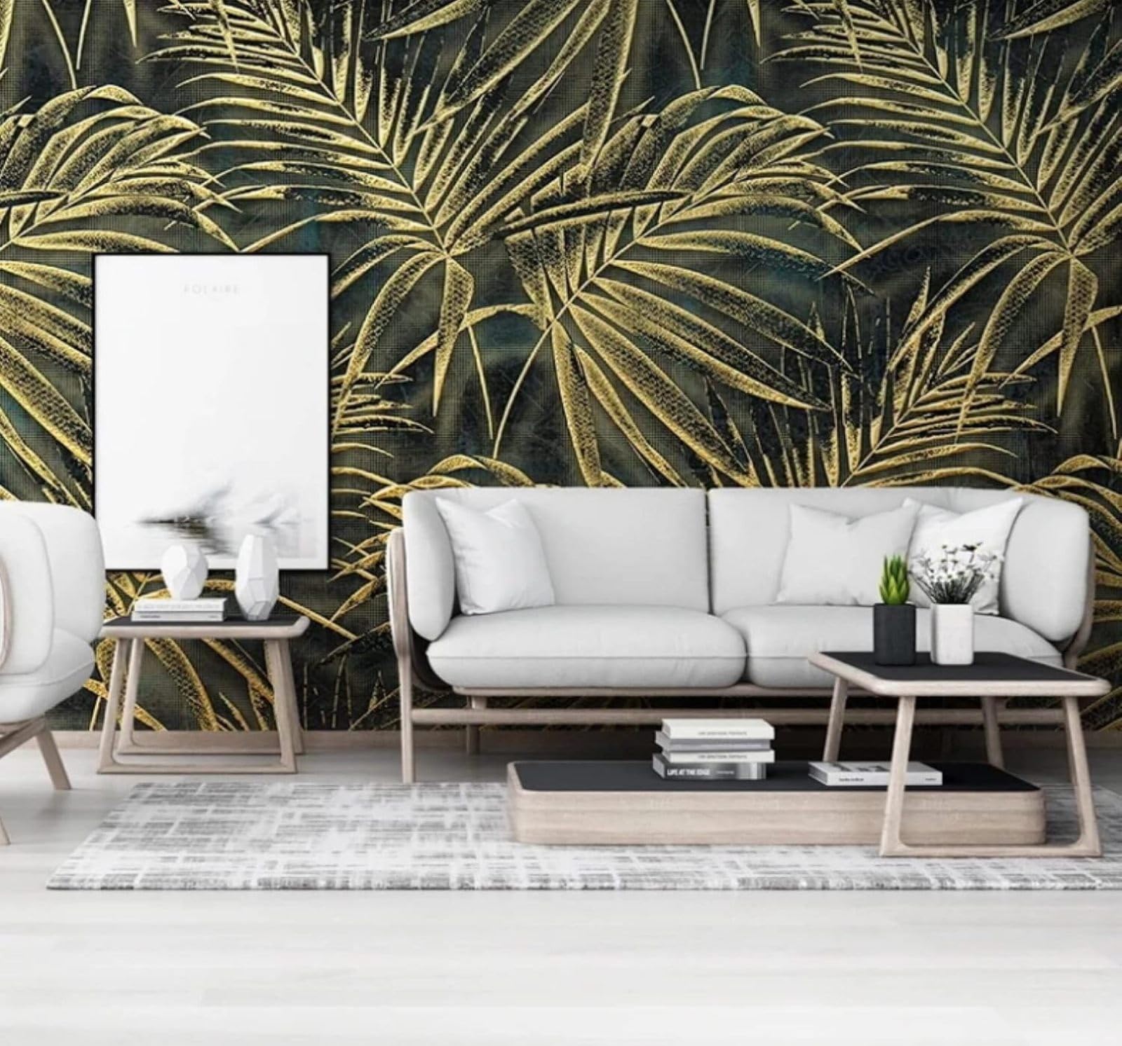 Wallpaper-3D-Xlm 200Cm×140Cm(B×H) Retro Minimalist Three Dimensional Gold Palm Leaves 3D Wallpaper Easy Install Feature Office Living Room Sofa Bedroom Tv Background Wall Decoration-200Cm×140Cm