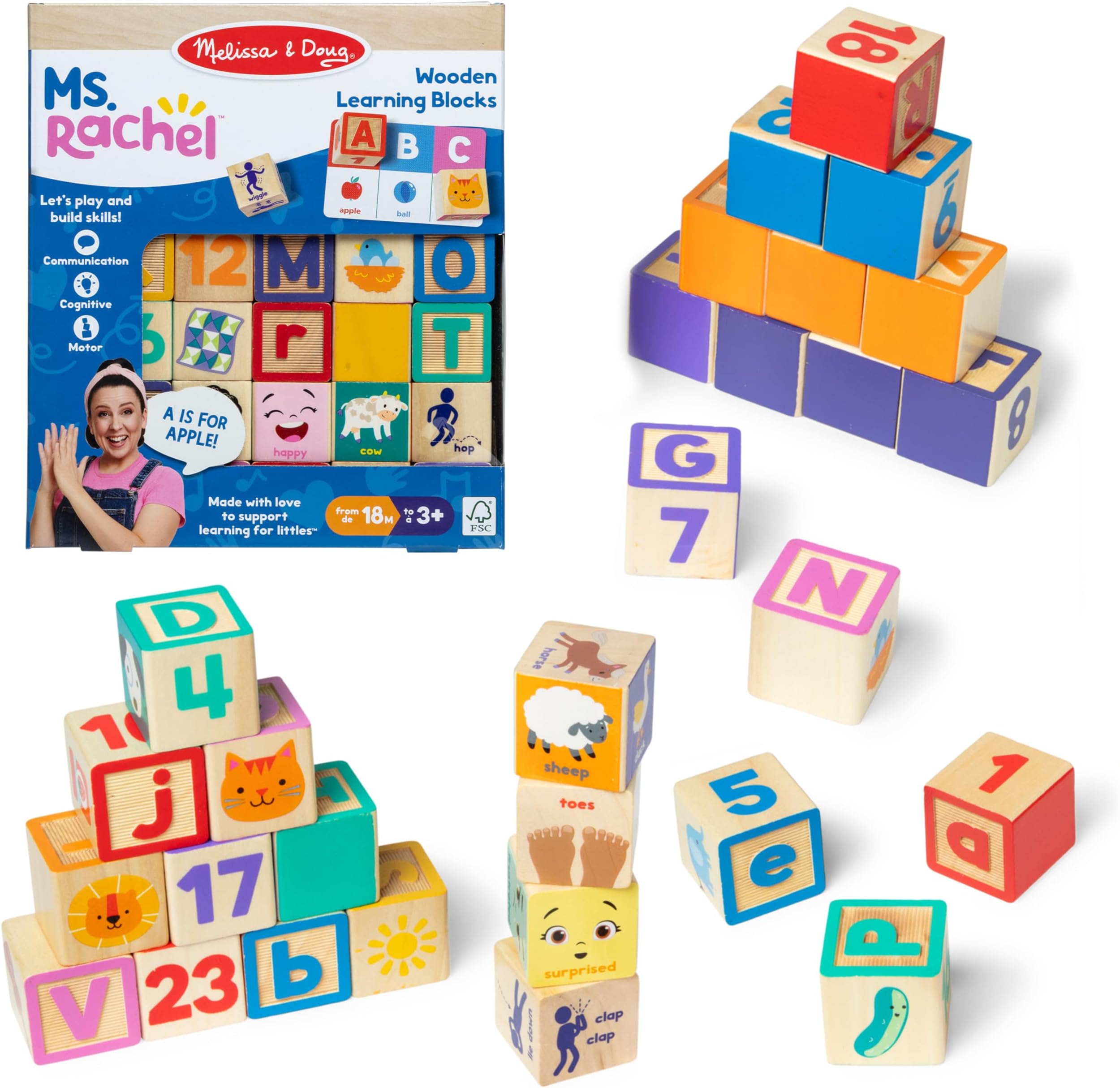 Ms. Rachel Letter, Number, and Game Learning Blocks | Educational Toys for Kids | 18+ Months - FSC Certified