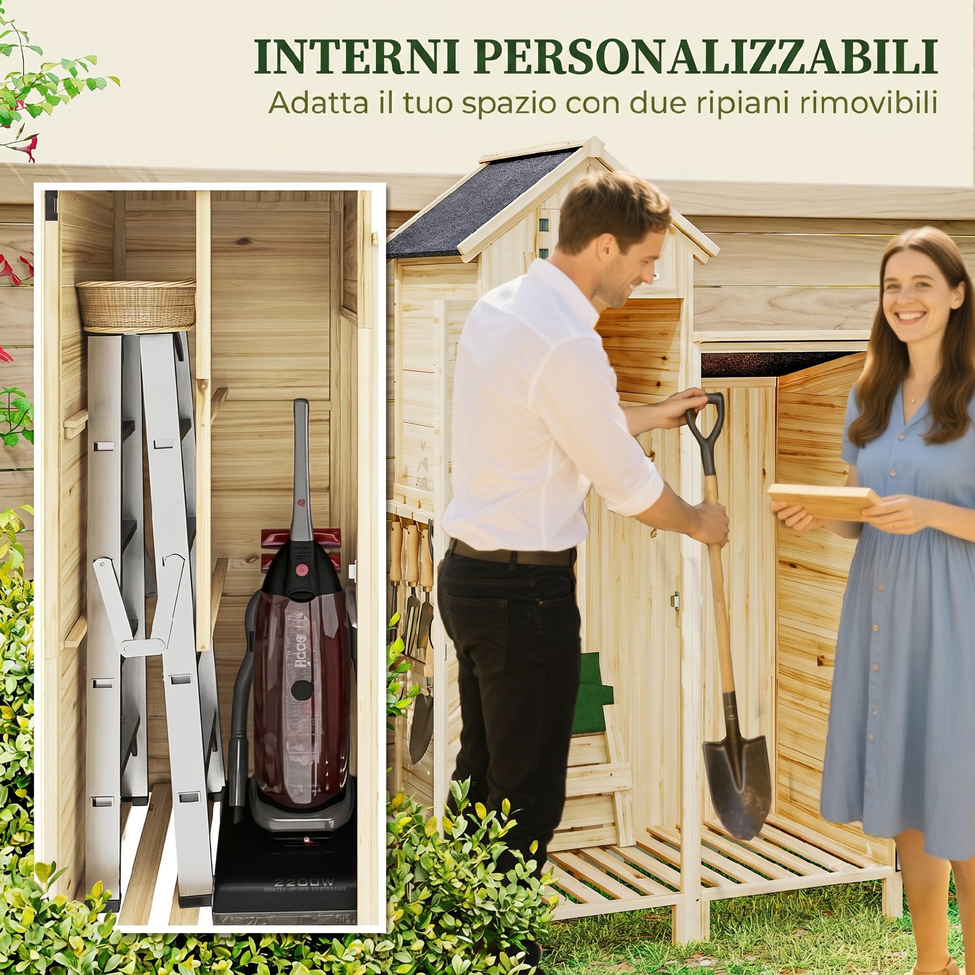Outsunny Armadio da Giardino in Legno di Abete Design a Doppia Zona, Casetta Porta Attrezzi da Esterno con Ripiani Amovibili, Finestre, Porte, Tetto Asfaltato Inclinato, 106x57x167 cm, Color Legno