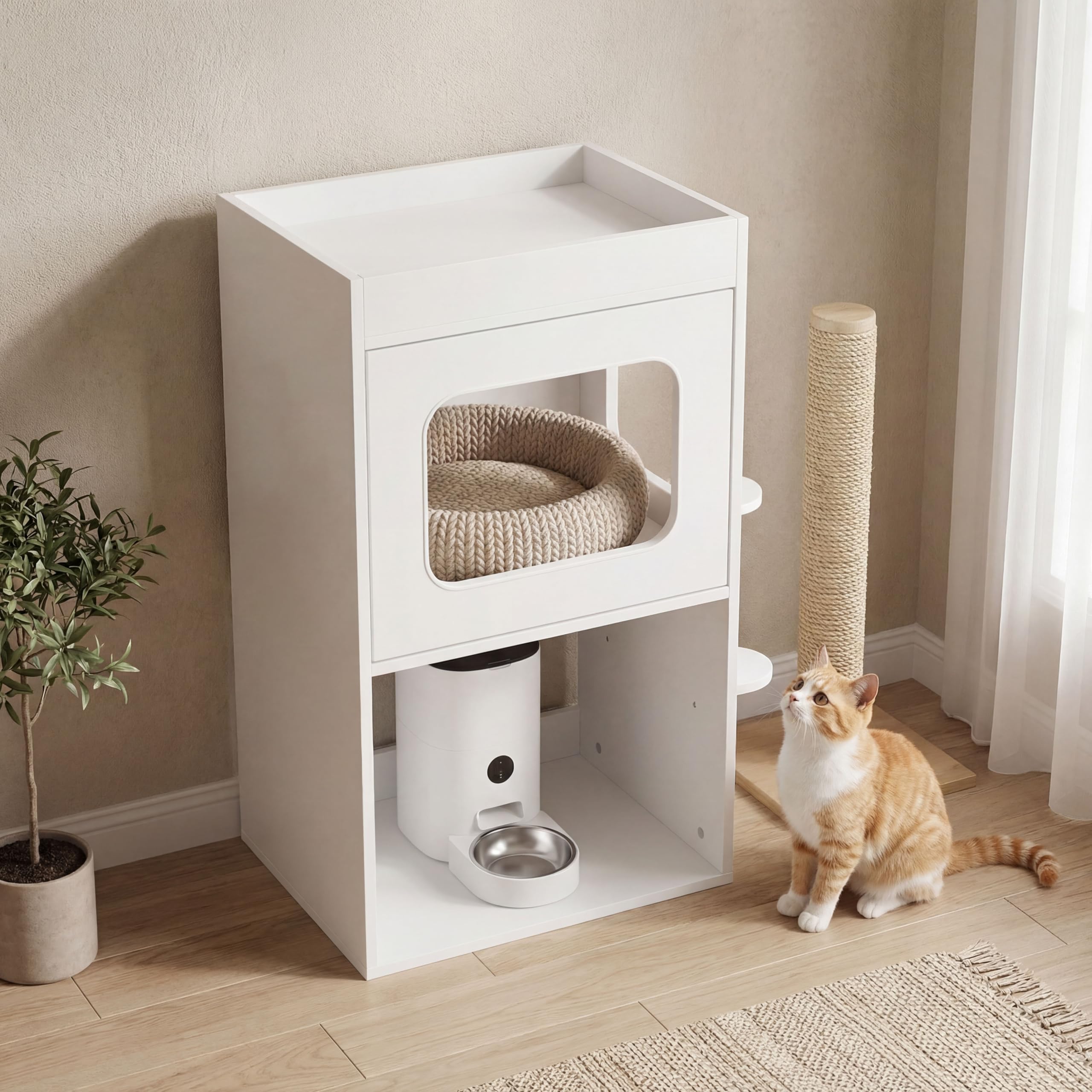 VORIN 猫 キャビネット 収納 2段 幅50cm 木製 白 猫ハウス 食事 自動給餌器対応 コンパクト ペットハウス おしゃれ 扉付き ステップ付き 猫 キャット 家具 室内用 ホワイト ペット用品 お手入れ簡単 多用途