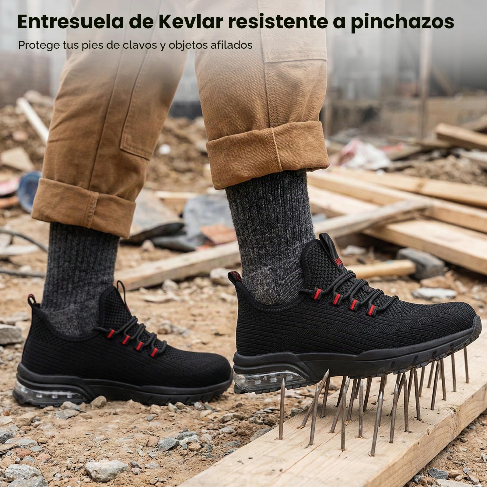 SPIEZ Zapatos de Seguridad para Hombre y Mujer, Zapatillas de Trabajo Ligeras con Puntera Composite, Antideslizantes y con Amortiguación de Aire, Negro/Rojo, EU 36-46