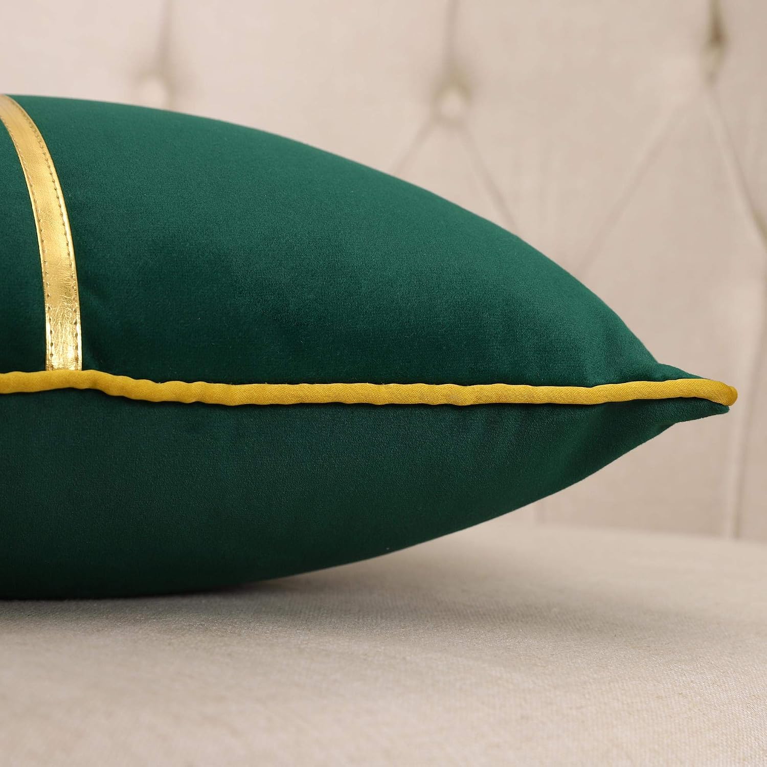 EECCA 2-Pack Gold Leather Striped Patchwork Velvet Cushion Case Luxury Modern Rectangle Throw Pillow Cover Decorative Pillow for Bedroom Living Room Cushion Cases Bed Sofa,Forest Green,12x20 Inches