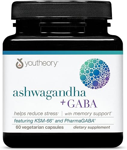 Youtheory Ashwagandha + GABA - Utiliza KSM-66-1,000 mg orgánico Ashwagandha y 100 mg GABA - Cortisol, energía, estrés y suplemento de apoyo de