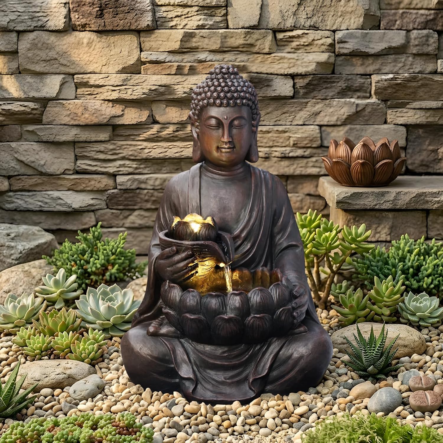 G-LEAF Buddha Water Fountain with LED Light, 28.8 inch Indoor Outdoor Zen Meditation Fountain with Lotus Bowl, Lighted Tabletop Floor Water Feature for Home, Garden, Patio Decor (Dark Brown)