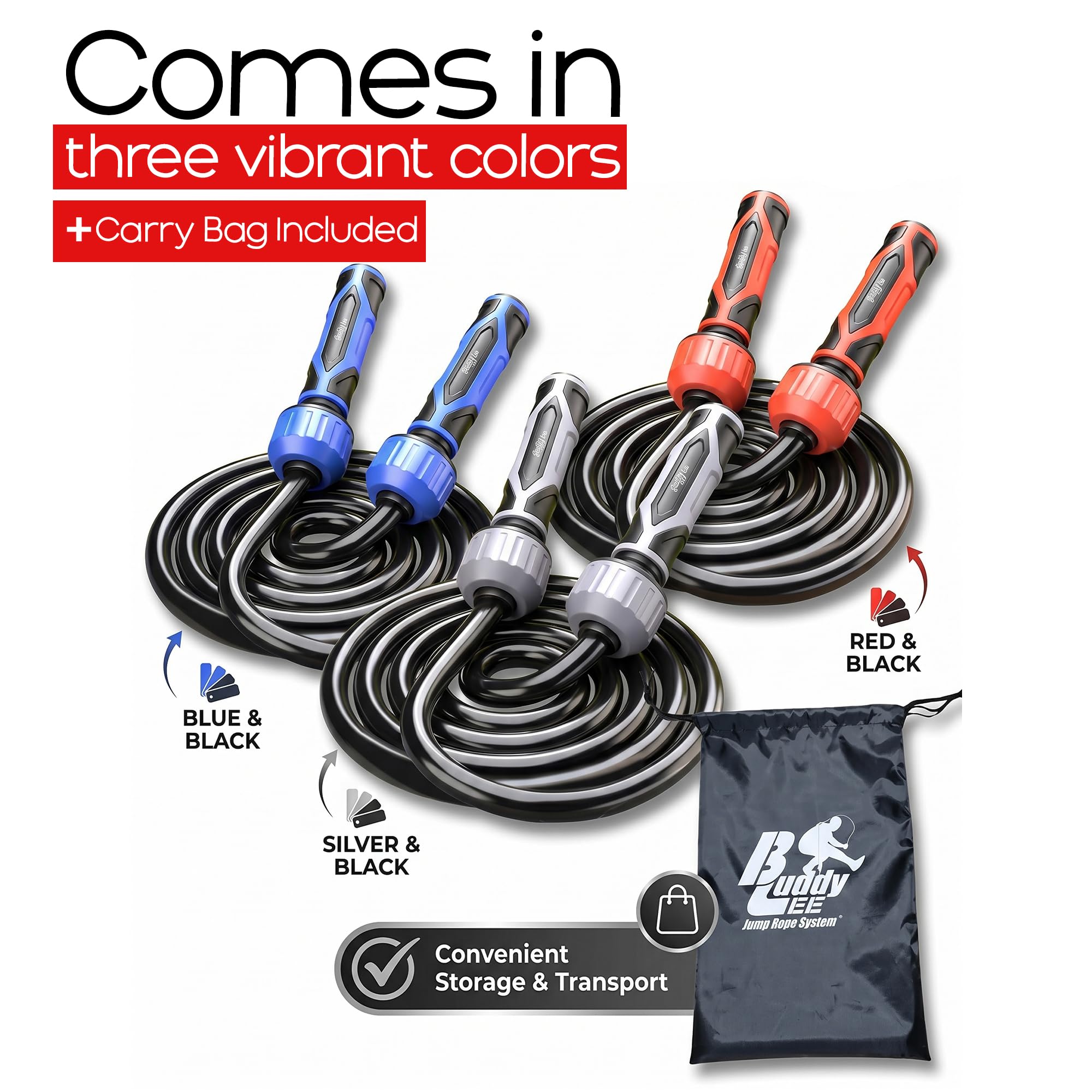 Buddy Lee - Corda per saltare pesata, 0,7 kg, resistente corda in PVC da 10 mm, con lunghezza regolabile, manici Power Grip e custodia per il trasporto, corda per saltare (rosso e nero)