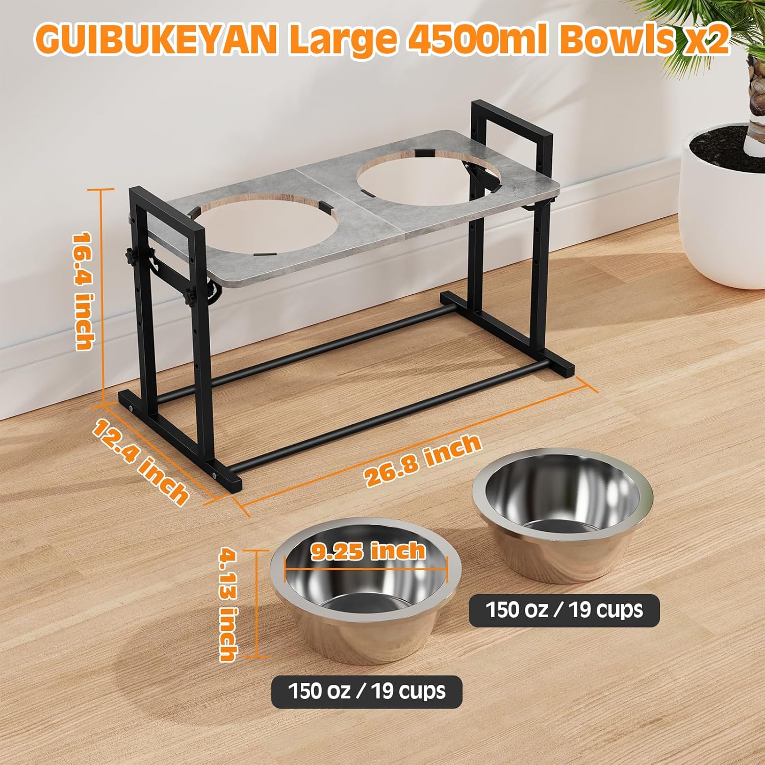 Elevated Dog Bowls for Extra Large Dogs, 4 Height Adjustable Tilted Raised Dog Bowl Stand with 2 Stainless Steel 150 oz Bowls, 16.1" Tall Dogs Bowl Stand Feeder for Giant Breed