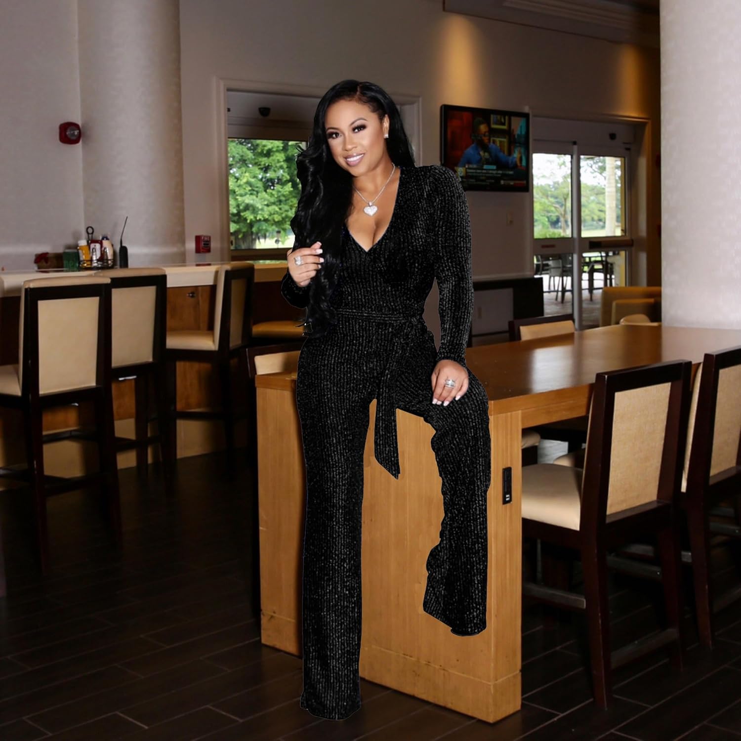 LightlyKiss Women Casual Sexy V Neck Sparkly Jumpsuits Long Sleeve Onesie Loose Pants Party Clubwear with Belt - Image 5