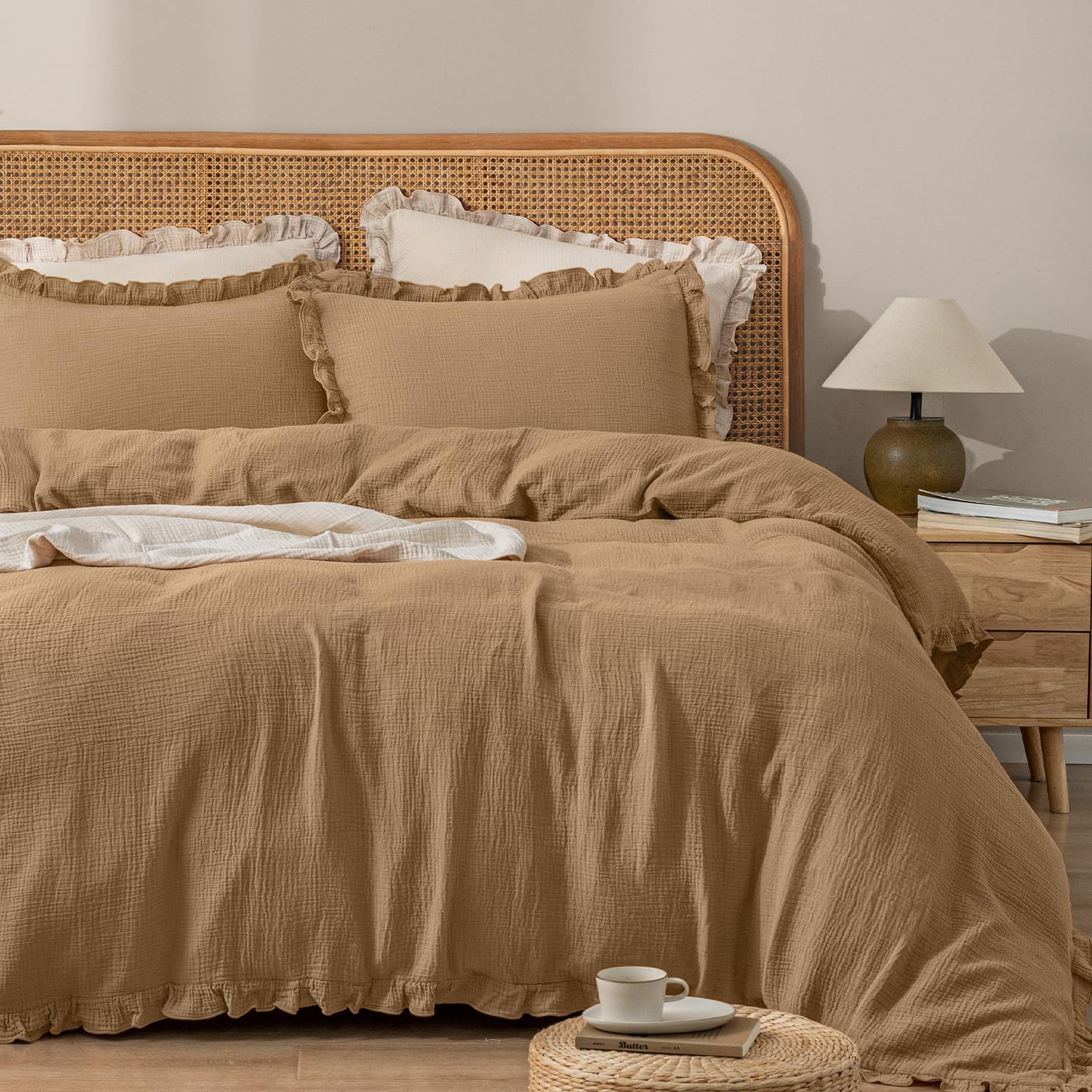 phf 100% cotton muslin duvet cover queen size, 3-layer guaze ultra soft breathable textured linen like, 3pcs bedding comforter cover set for all season, duvet set with 2 pillow shams, 90"x90", natural
